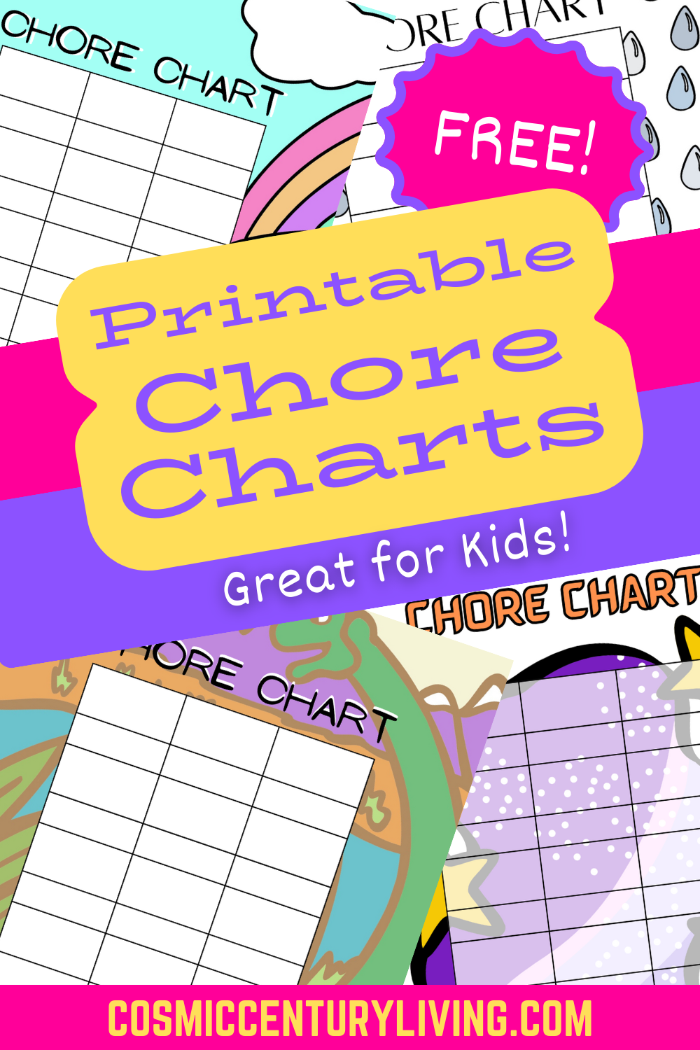 Printable Chore Charts Themed Dinosaur Unicorns Space FREE Cosmic Century Living