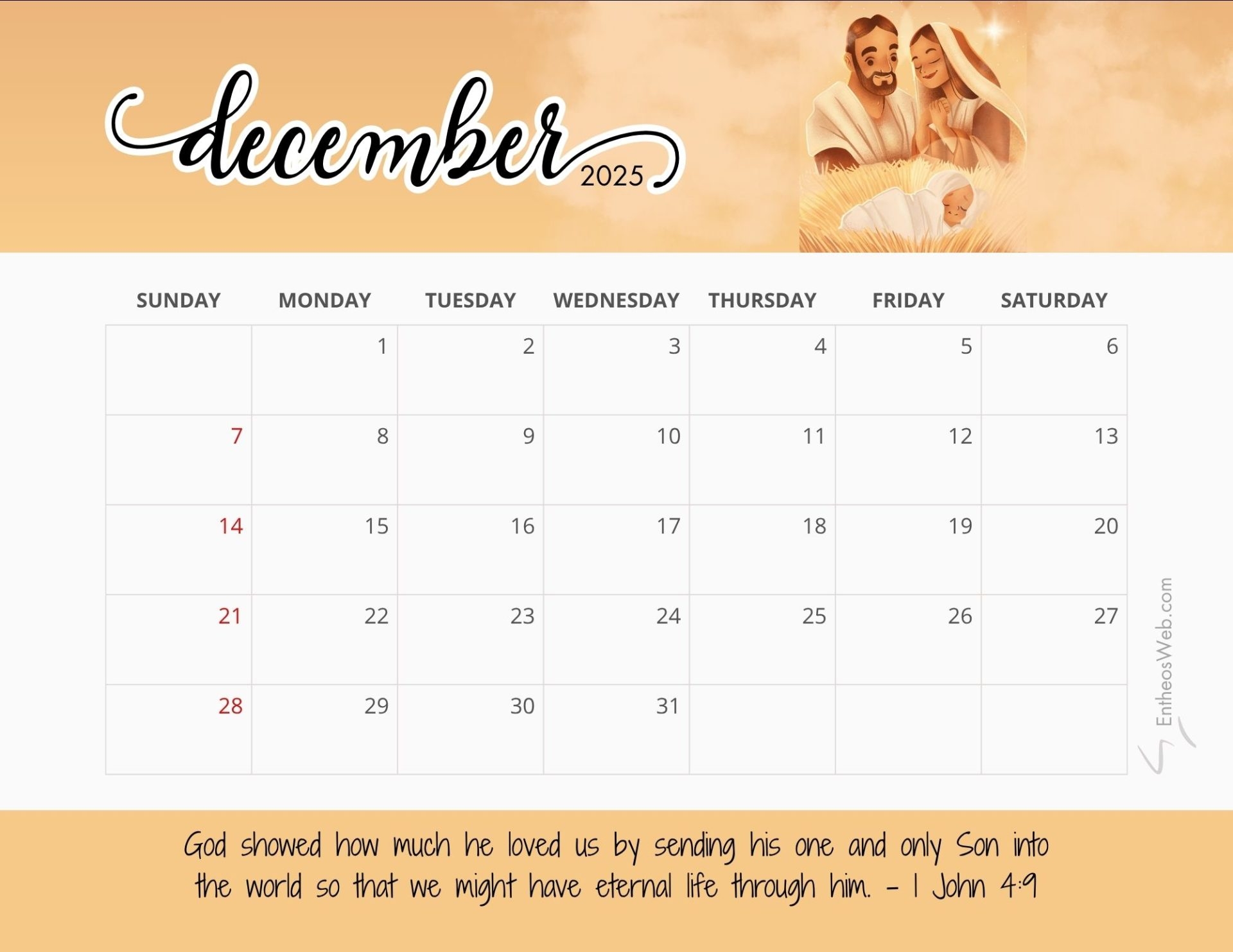 Printable Christian December 2025 Calendars With Bible Verses EntheosWeb