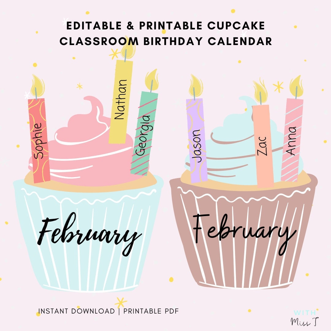 Printable Classroom Cupcake Birthday Calendar Instant Download Monthly Colourful Chart Editable For Student Names Etsy