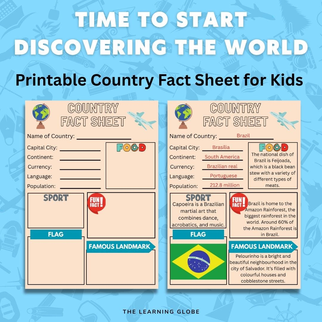 Printable Country Fact Sheet For Kids Fun Fill in the blank Geography Research Worksheet PDF Etsy
