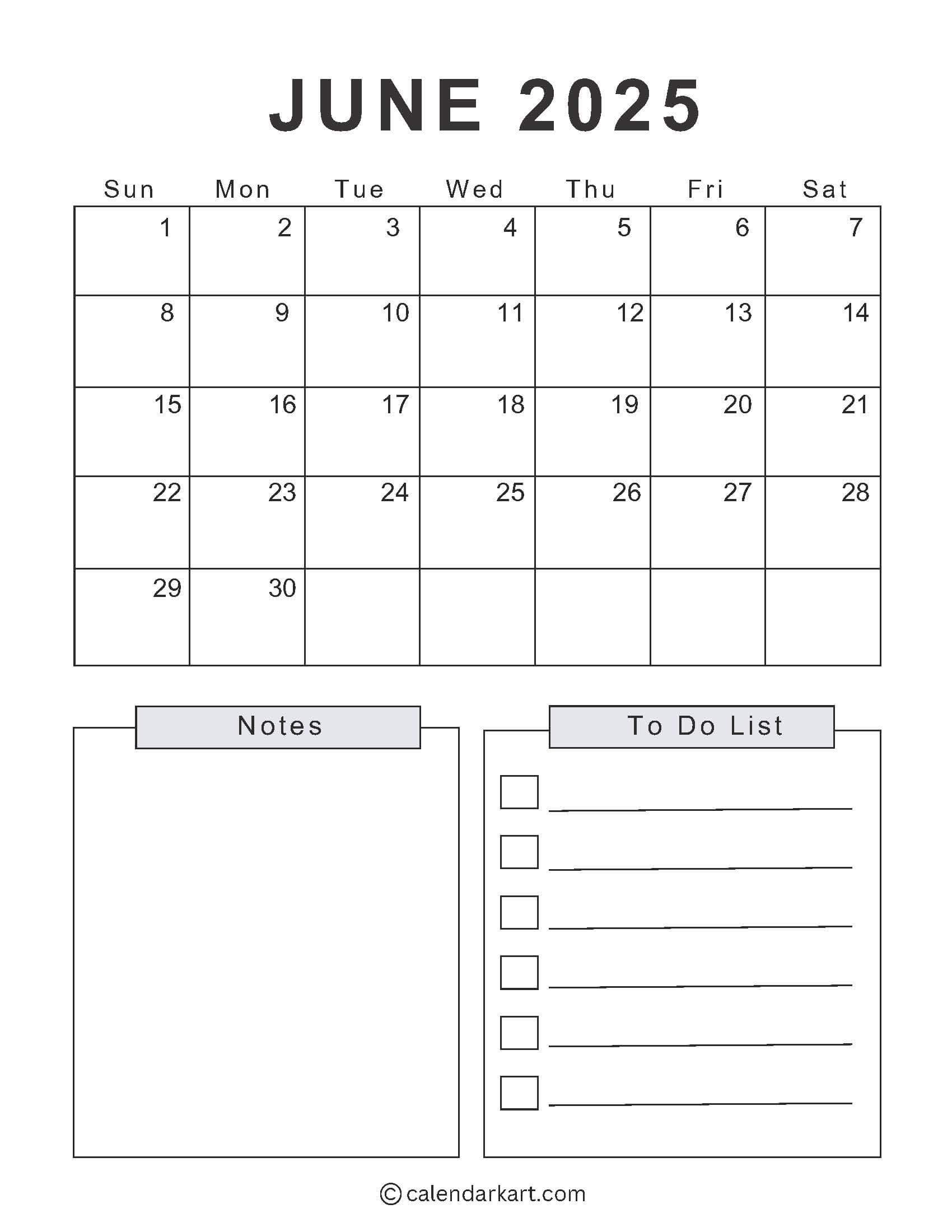 Printable Monthly June Calendar