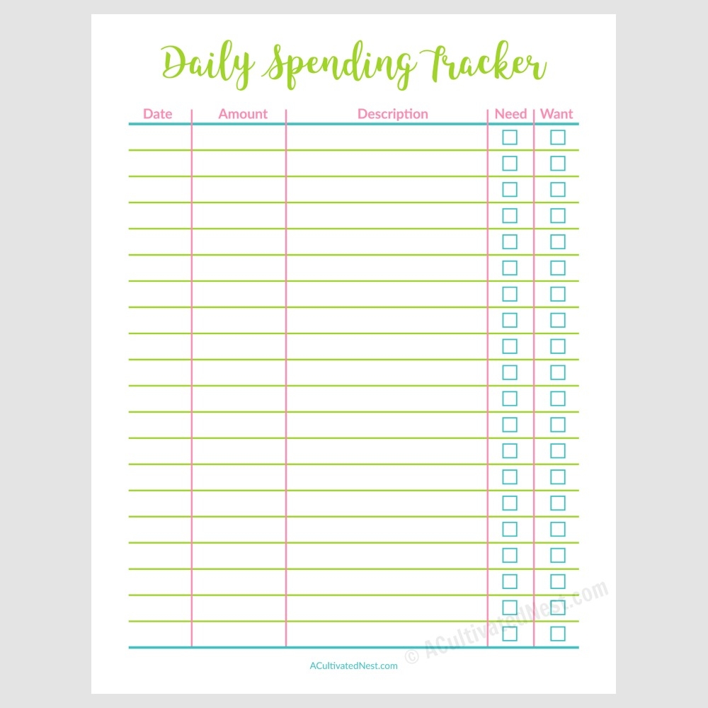 Printable Daily Spending Tracker A Cultivated Nest