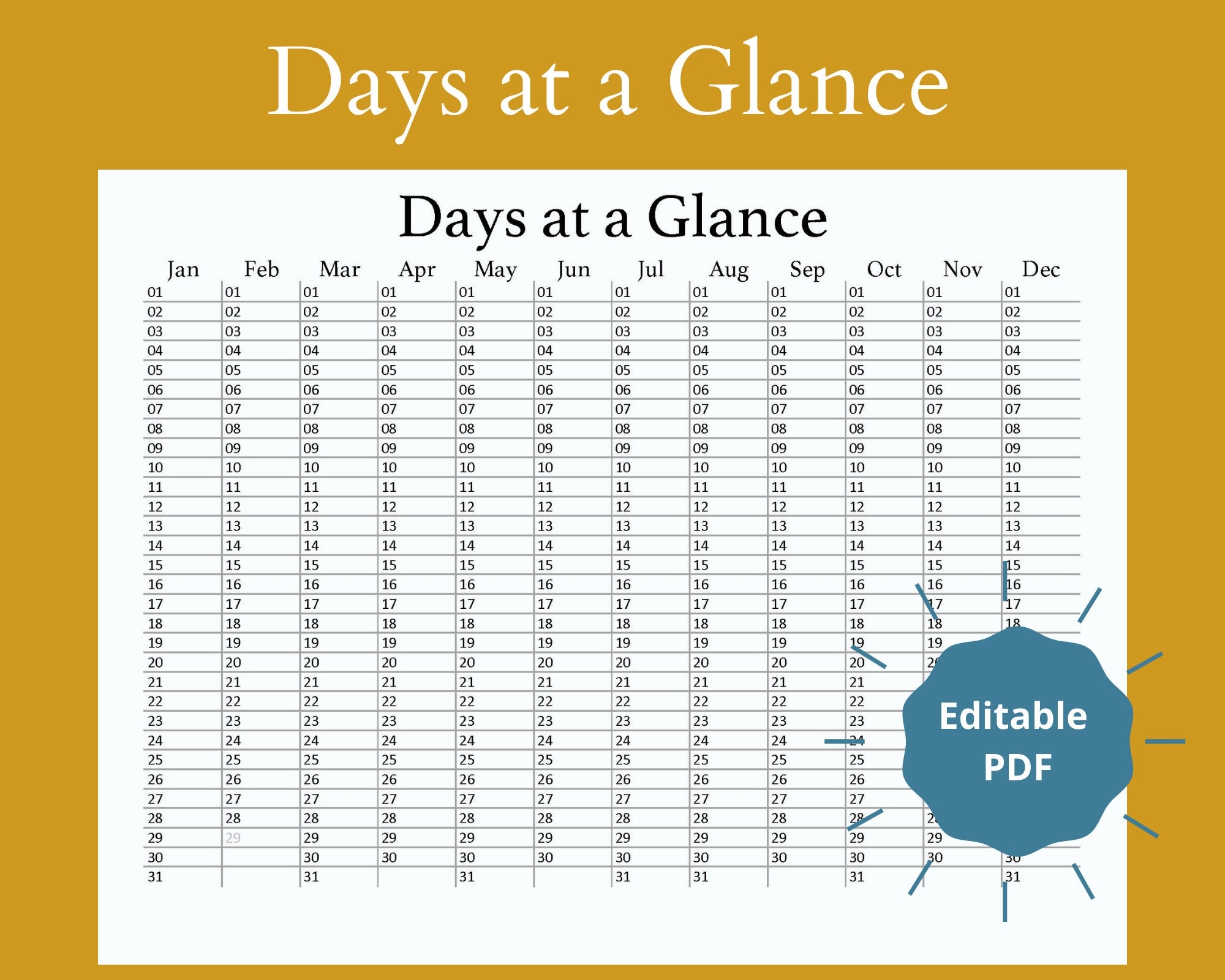 Printable Days At A Glance 365 Day Calendar Year At A Glance Birthday Tracker Anniversary Tracker Yearly Planning Digital Calendar Etsy