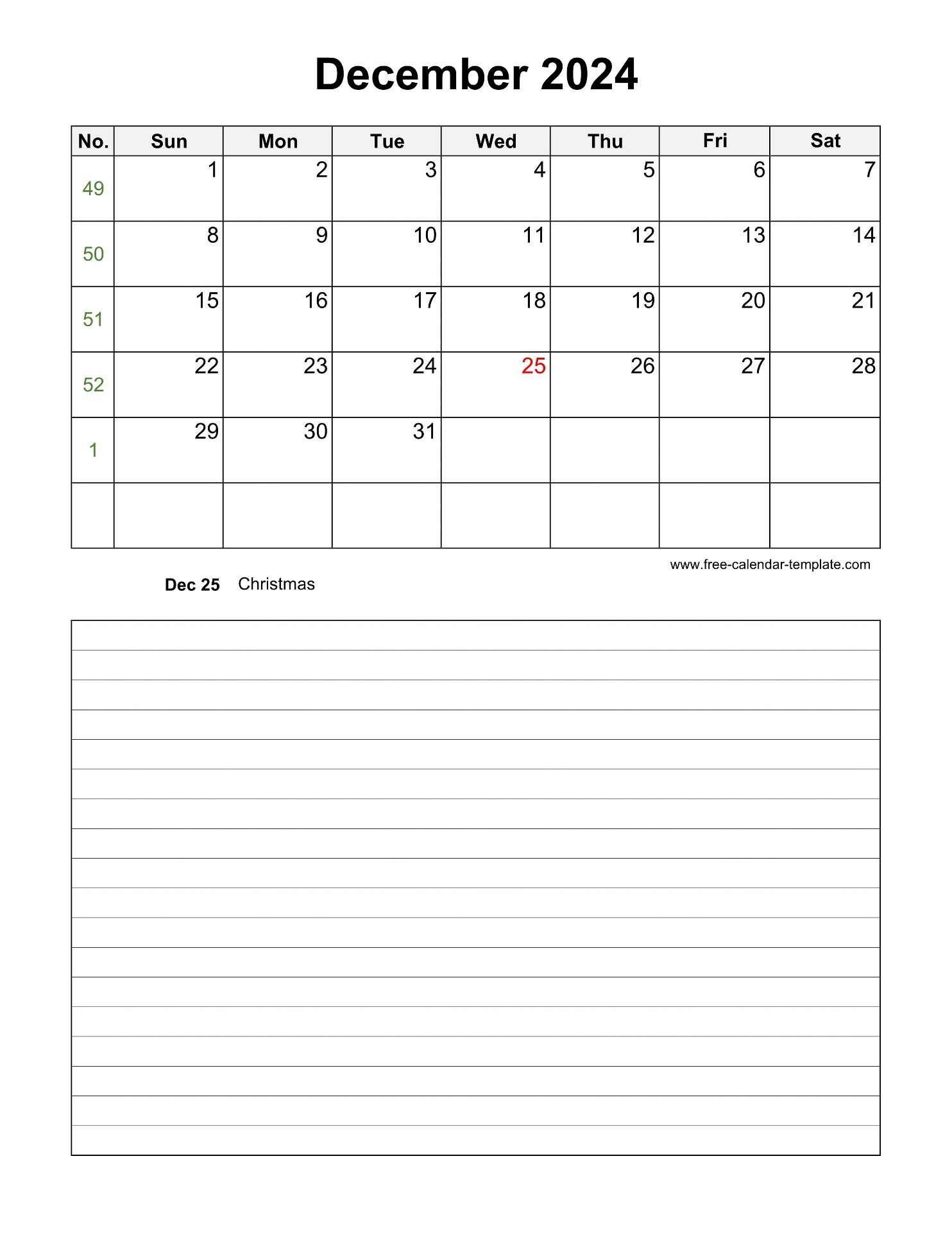 Printable December 2024 Calendar With Space For Appointments vertical Free calendar template