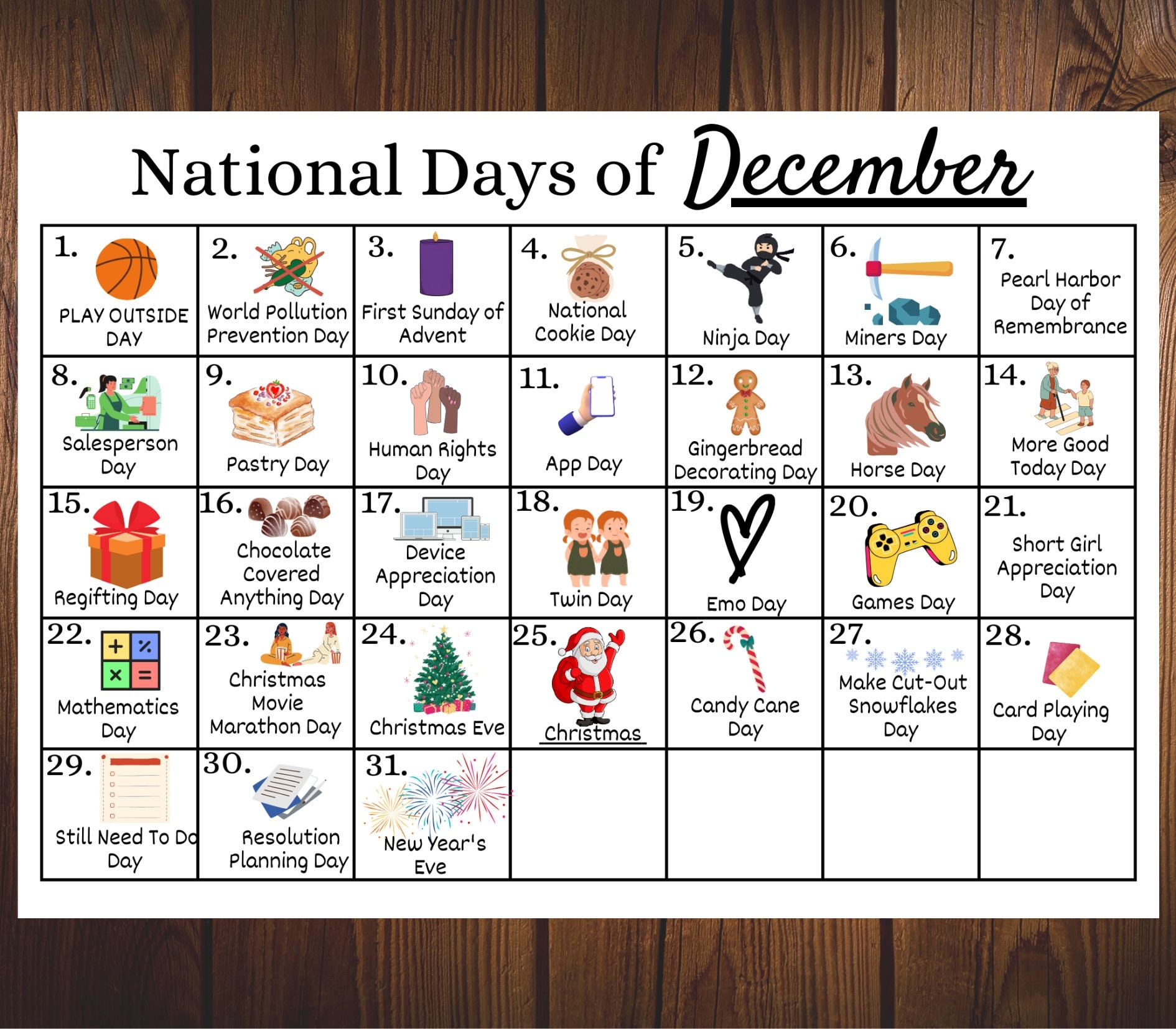 Printable December National Days Calendar Fun Family Calendar December Holiday Calendar Classroom Calendar Holiday Season Etsy