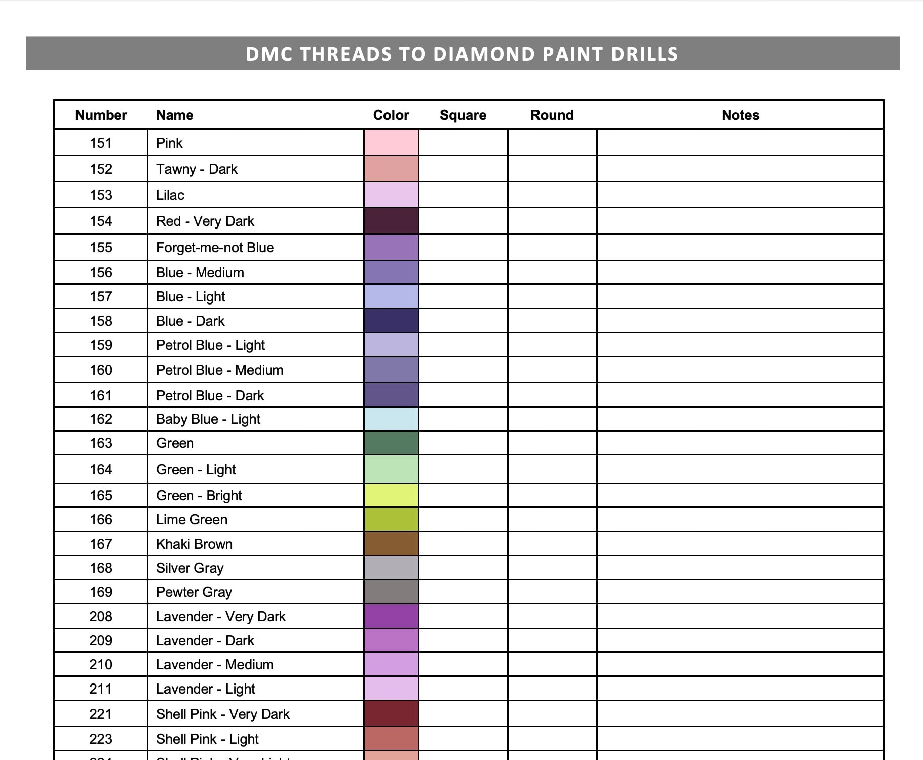 Printable Diamond Painting DMC Color Chart Tracker Inventory Sheet PDF Download Etsy Norway