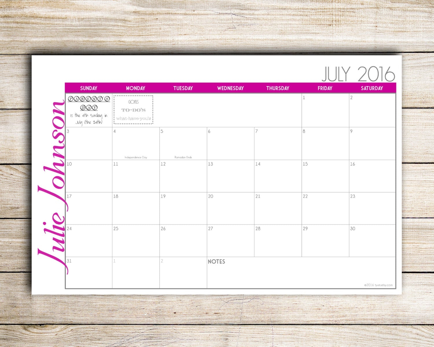 Printable Digital DIY Custom Desk Calendar Desk Pad Blotter Calendar ColorBlock Choose Your Dates