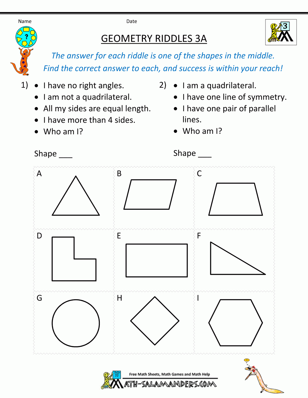 Printable Geometry Worksheets Riddles