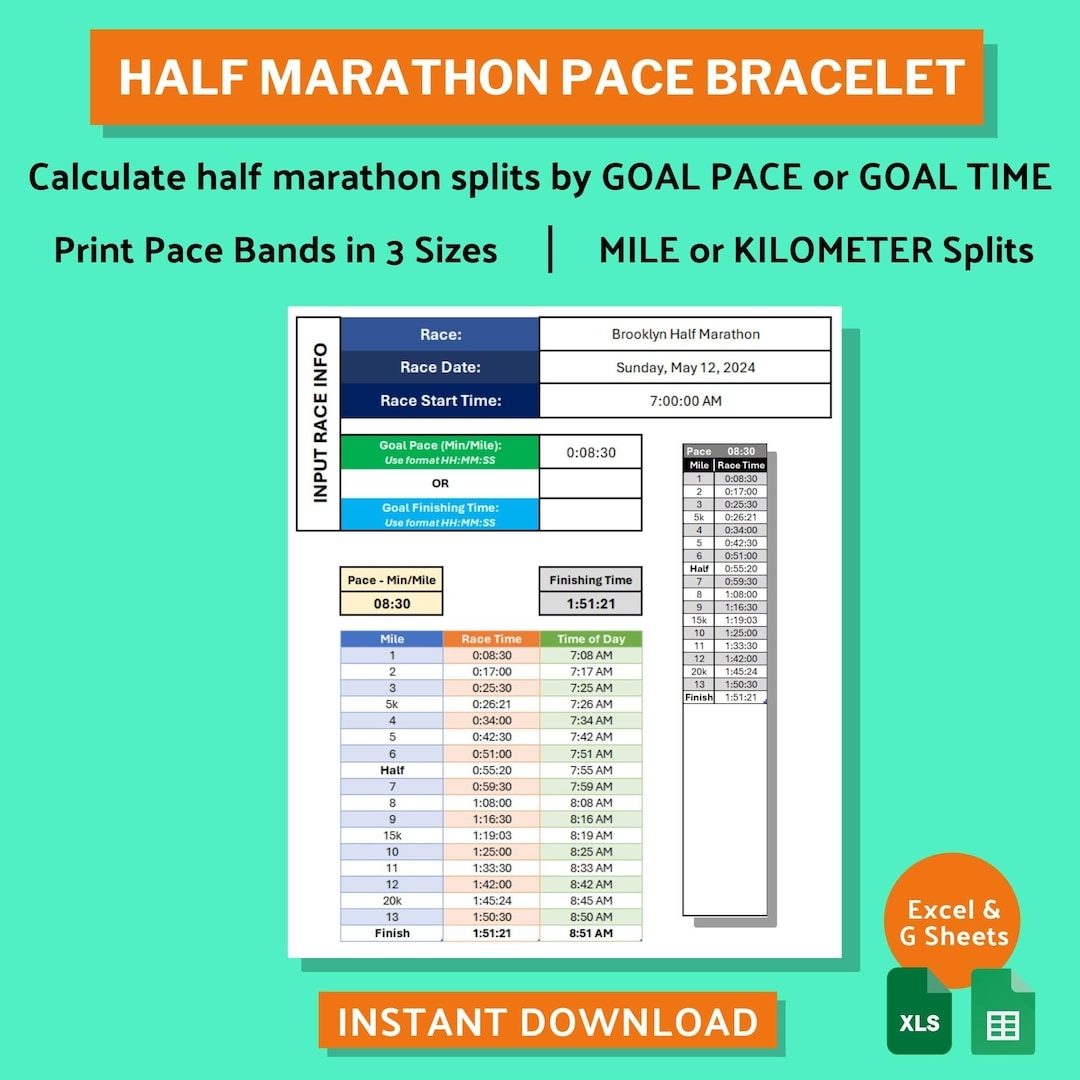 Printable Half Marathon Pace Bands Custom Pace Finish Time Calculator For Google Sheets And Excel Digital Download Marathon Pace Chart Etsy Printable Half Marathon Pace Bands Custom Pace Finish Time Calculator For Google Sheets And Excel Digital Download Marathon Pace Chart Etsy