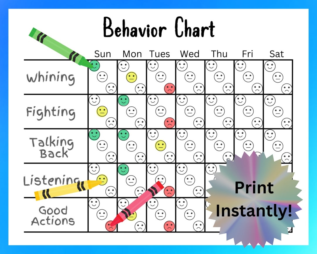 Printable Kids Behavior Chart Autism Non verbal ADHD Learning Disabilities Calm Positive Reinforcement Chart For Home Classroom Etsy