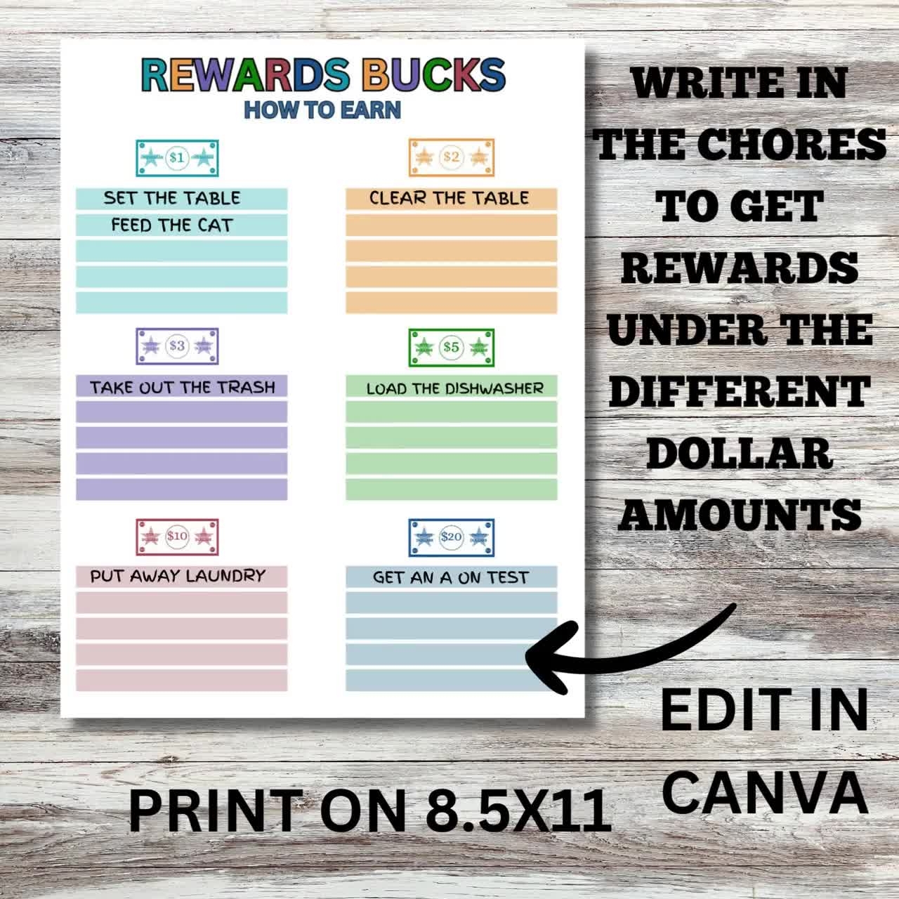 Printable Kids Chore Chart Reward Bucks System editable Charts Etsy