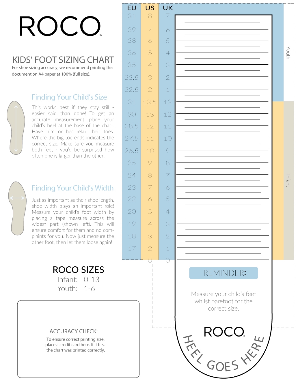 Printable Childrens Shoe Size 4 Chart