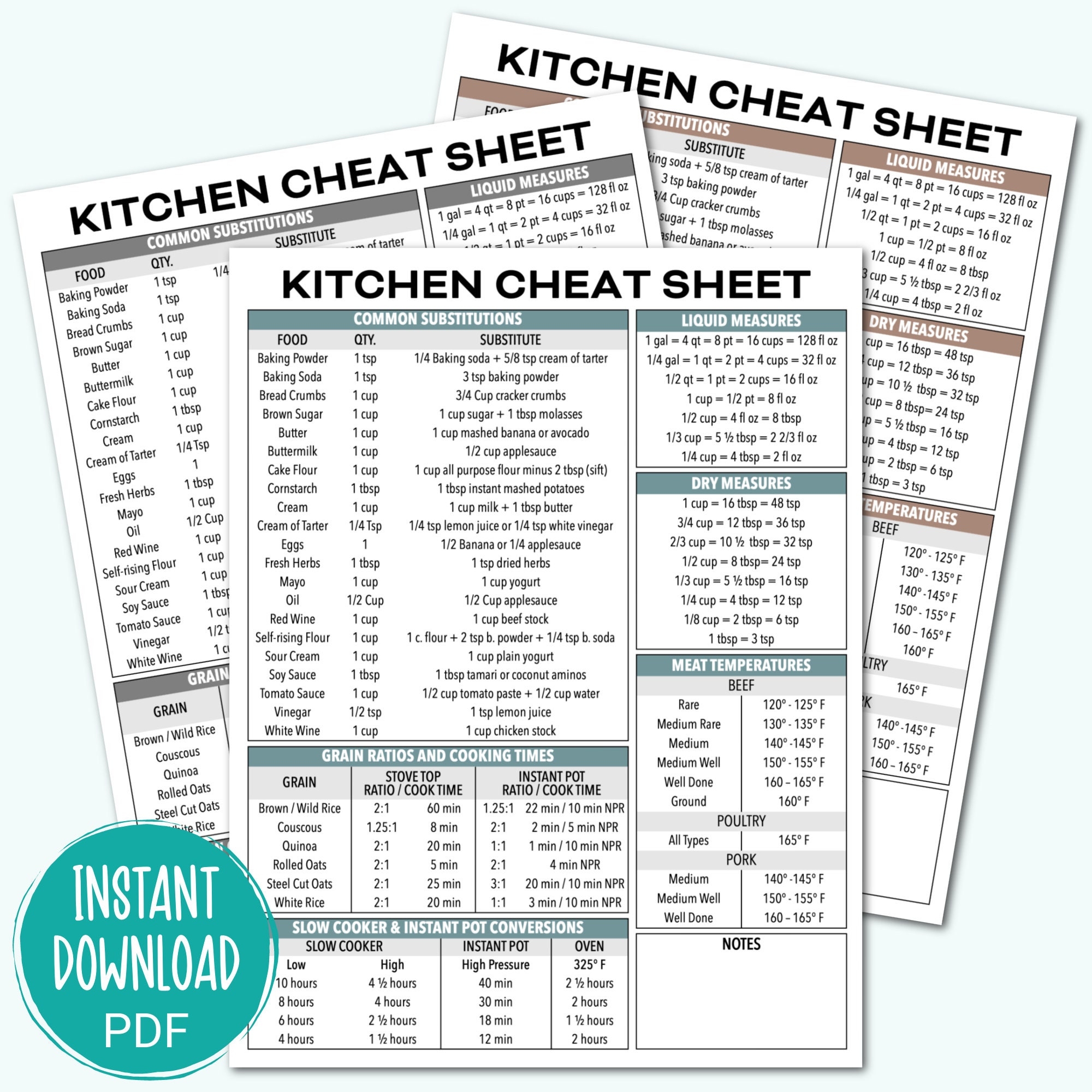Printable Kitchen Cheat Sheet Kitchen Conversion Chart Kitchen Substitution Chart Meat Temperature Guide Kitchen Guide Printable PDF Etsy