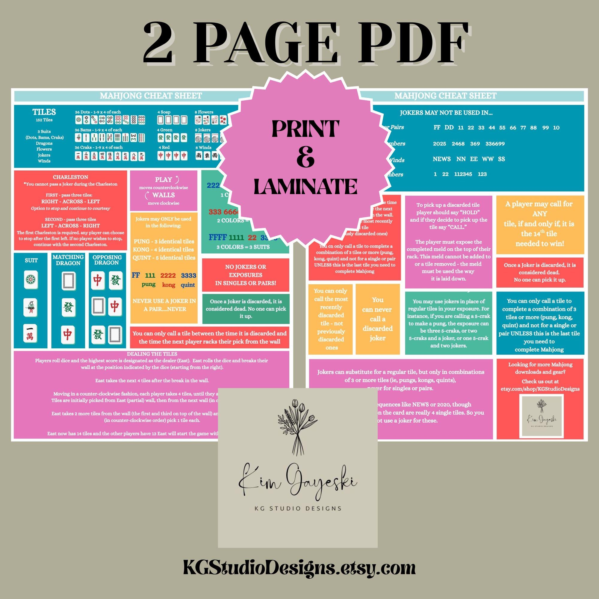 Printable Mahjong Cheat Sheet Beginner s Guide PDF PNG Files Etsy