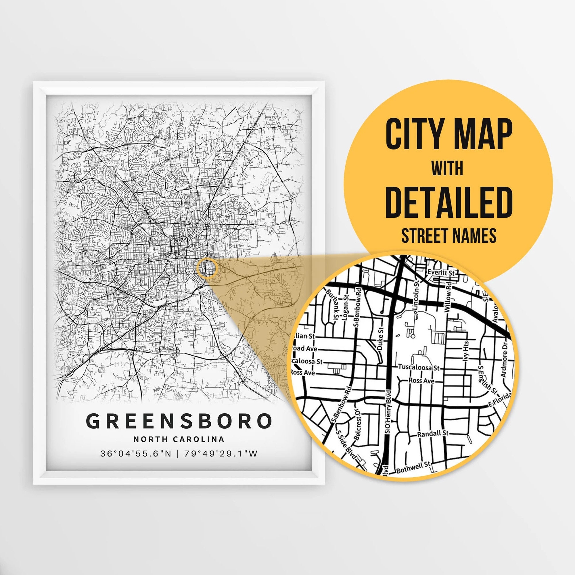 Printable Map Of Greensboro North Carolina USA With Street Names Instant Download City Map Travel Gift City Poster Road Map Etsy