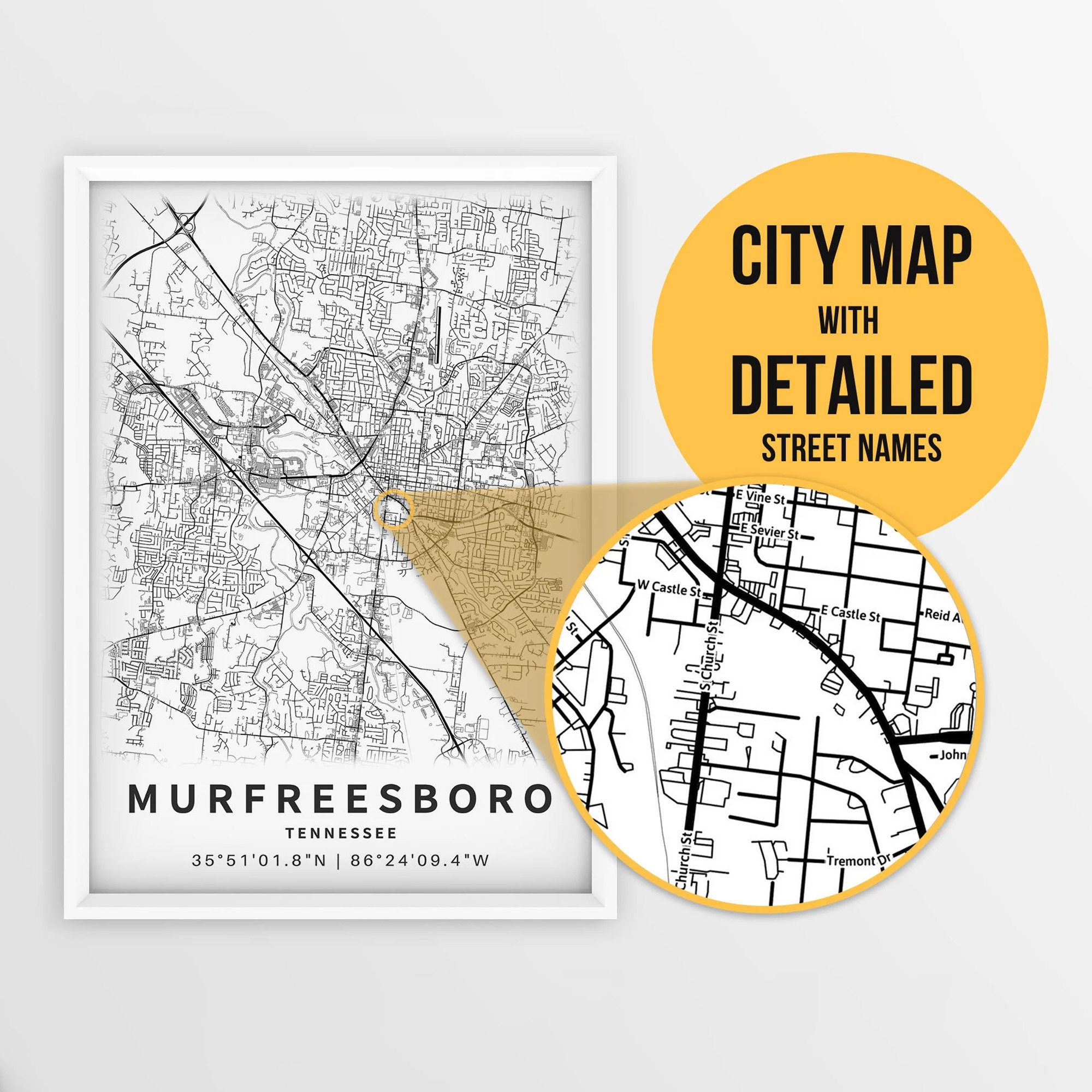 Printable Map Of Murfreesboro Tennessee USA With Street Names Instant Download City Map Travel Gift City Poster Road Map Print Etsy