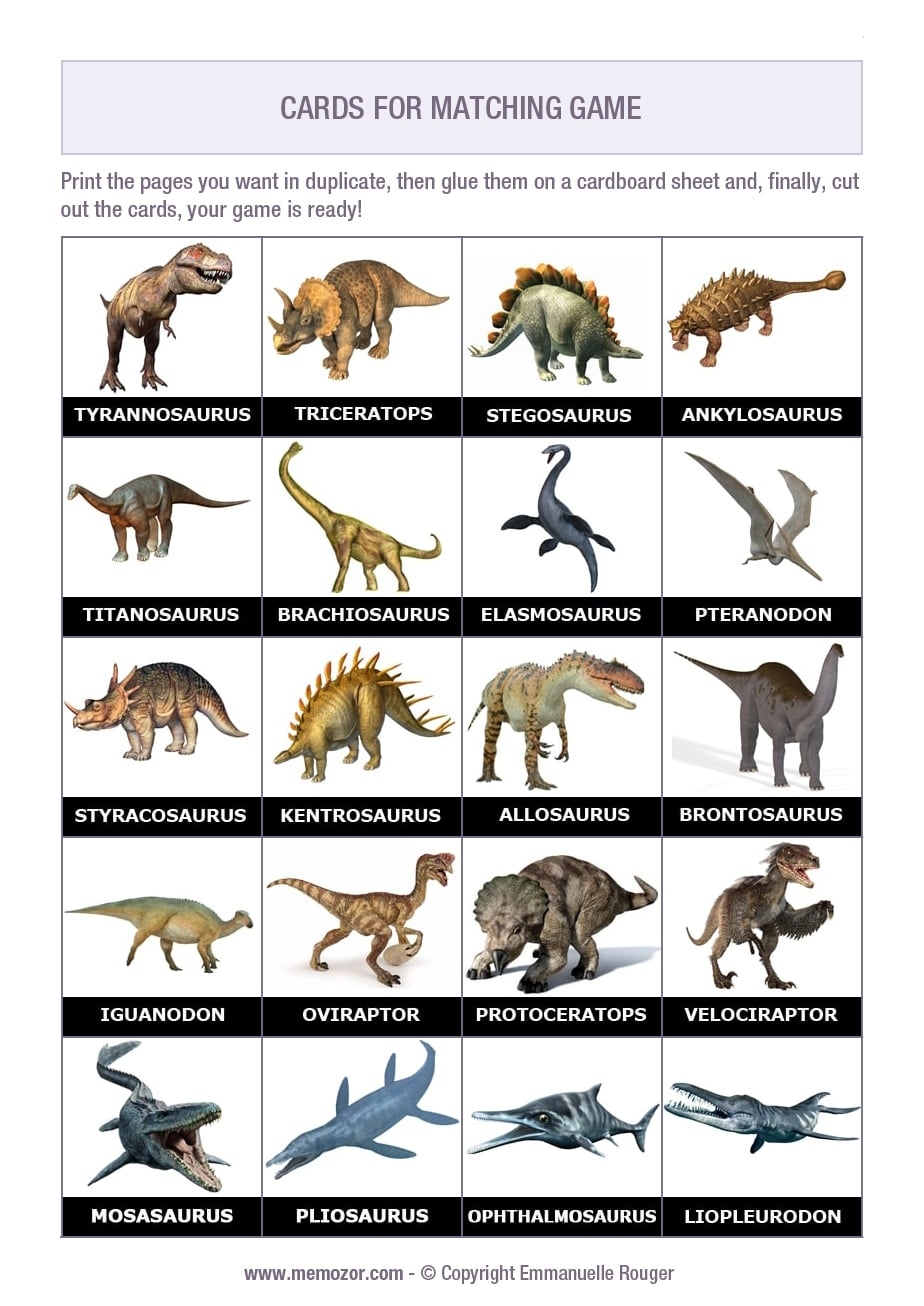 Printable Matching Game Dinosaurs 50 Cards Memozor