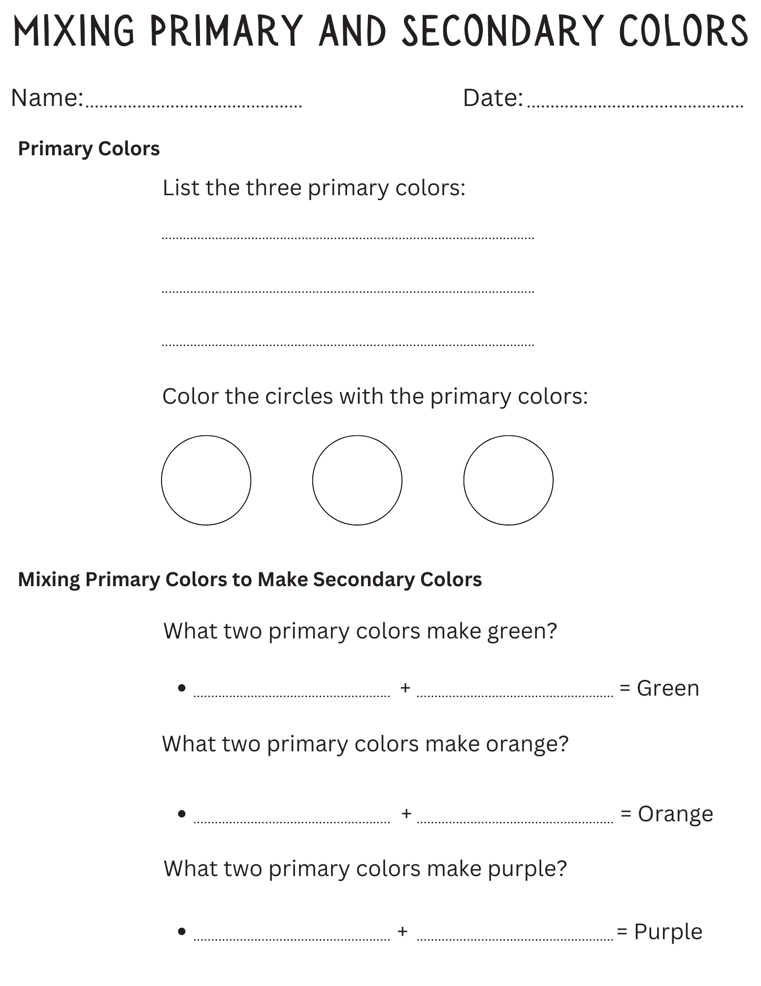 Printable Mixing Primary And Secondary Colors Worksheet For Kindergarten Made By Teachers