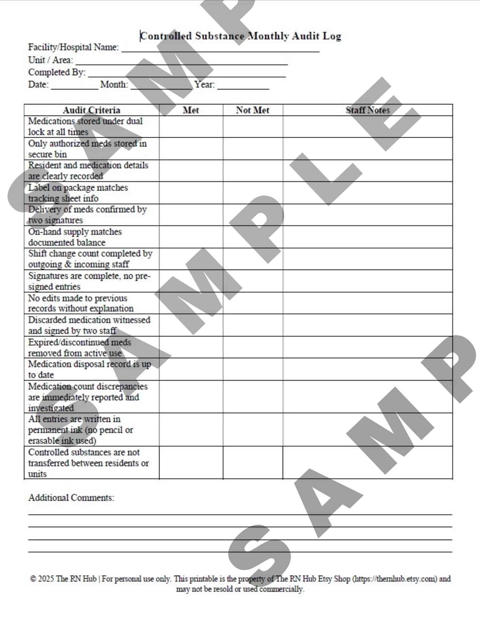 Printable Narcotic Count Sheet Etsy