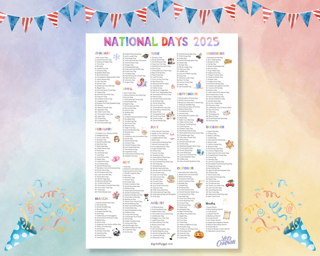 Printable National Day Of The Year Calendar National Days Calendar Printable 2024 2025 National Holidays