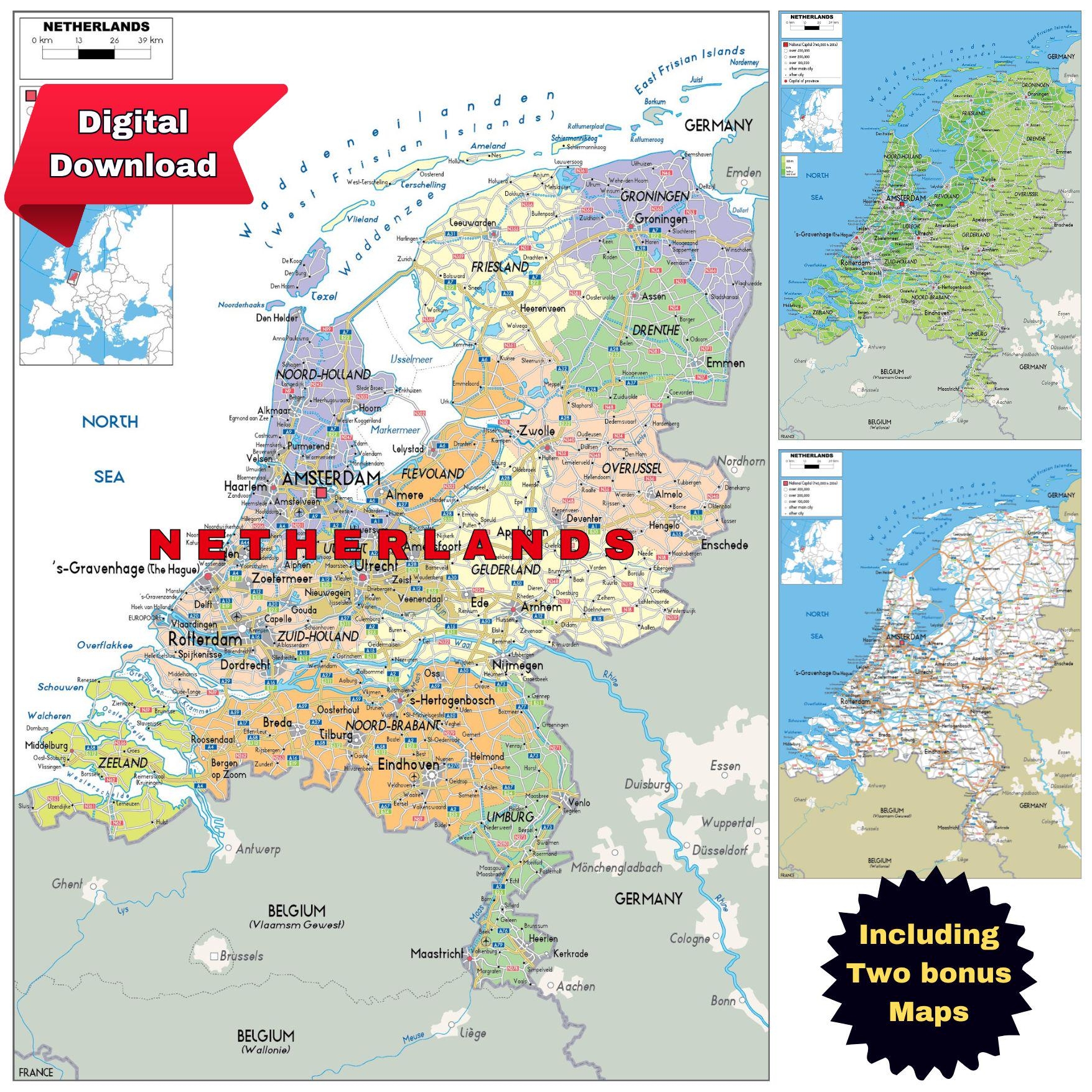 Printable Netherlands Political Map Topography Roads Etsy Printable Netherlands Political Map Topography Roads Etsy