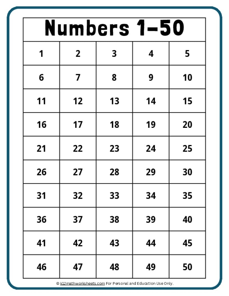 Printable Number Chart 1 50