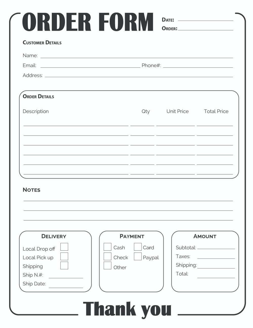 Printable Order Sheet Template