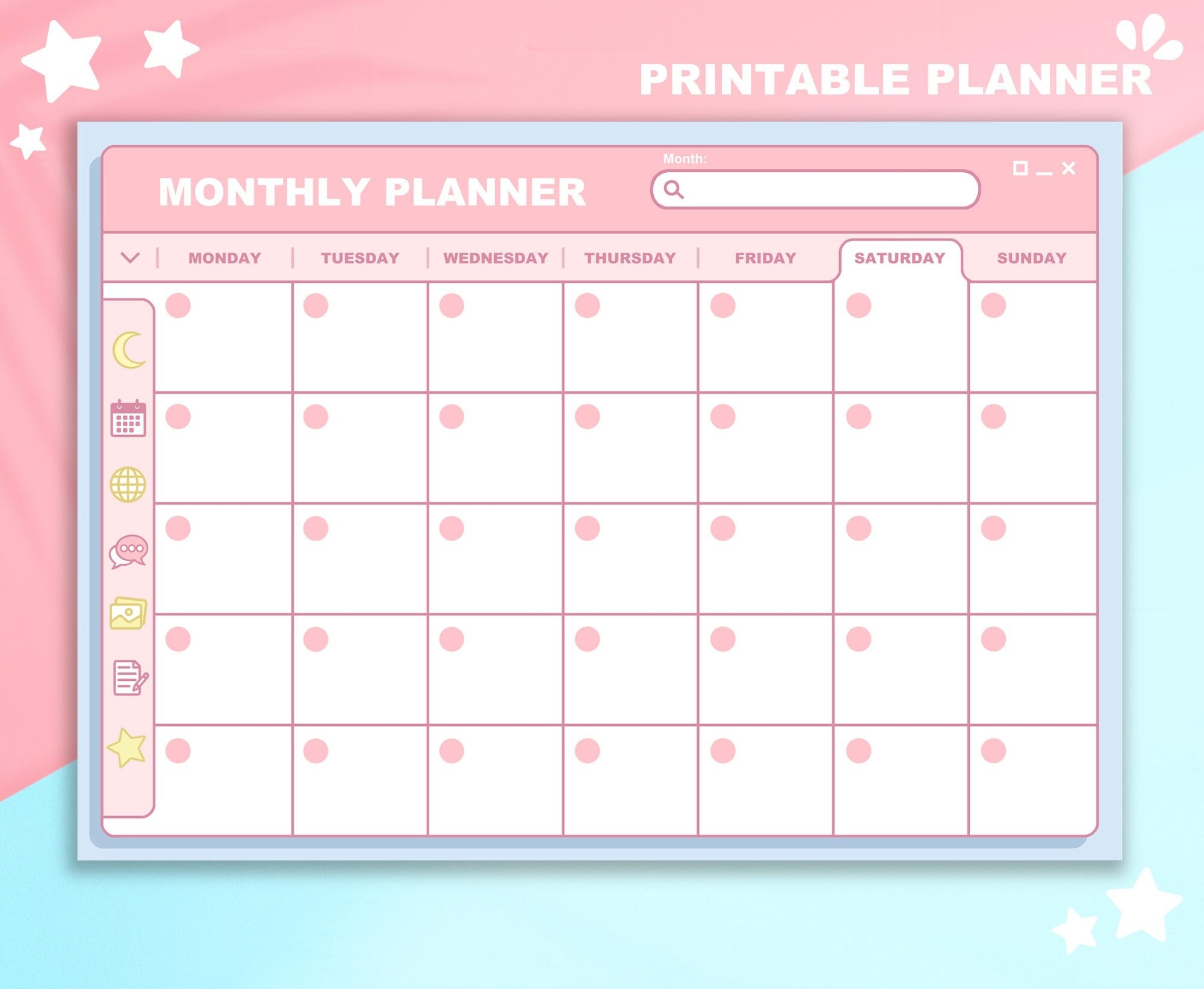 Printable Pastel Monthly Planner Undated Digital Planner Cute Kawaii Desktop Aesthetic Calendar Etsy