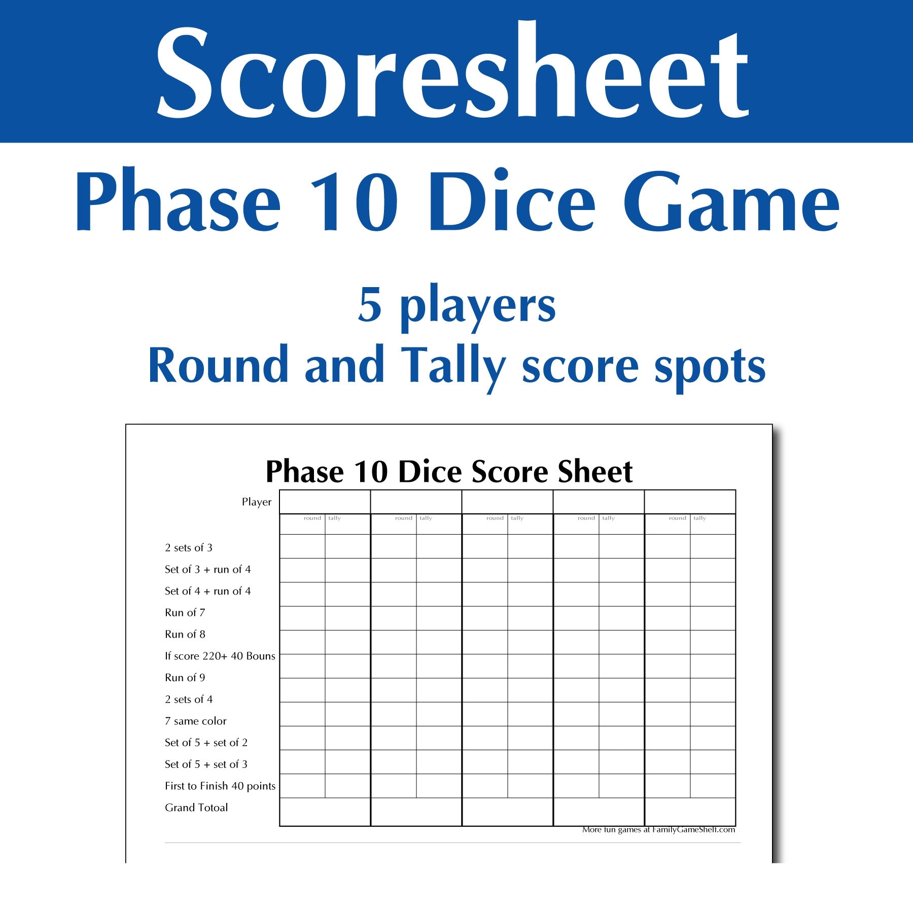 Printable Phase 10 Score Sheet