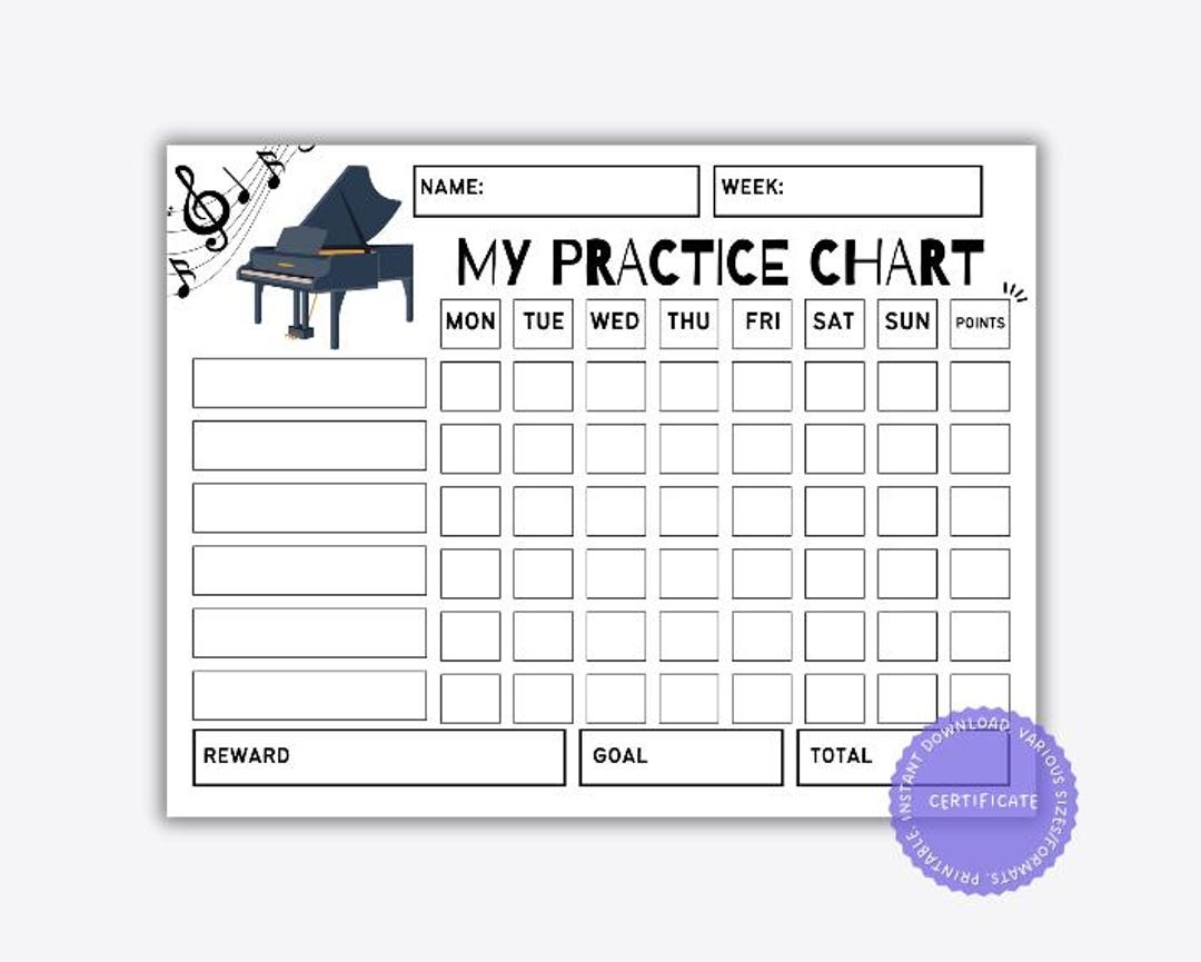 Printable Piano Practice Reward Chart Piano Practice Chart Reward Chart Music Practice Log Track Music Practice Progress Chart Etsy Canada