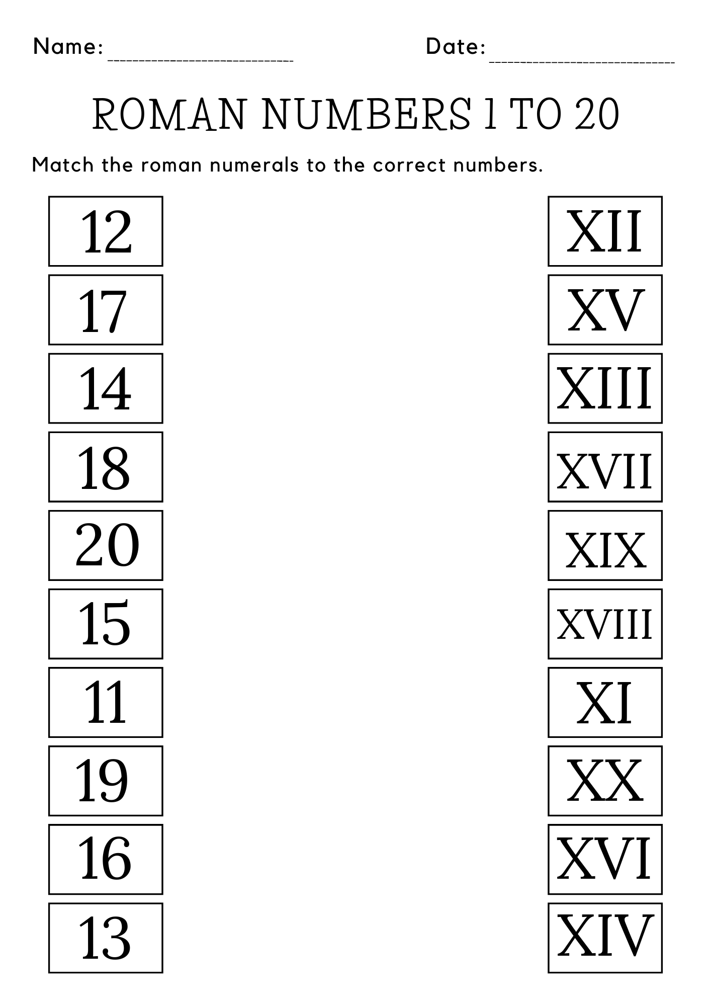 Printable Practice Roman Numbers 1 To 20 Worksheet Matching Roman Numerals Up 20 Teaching Resources