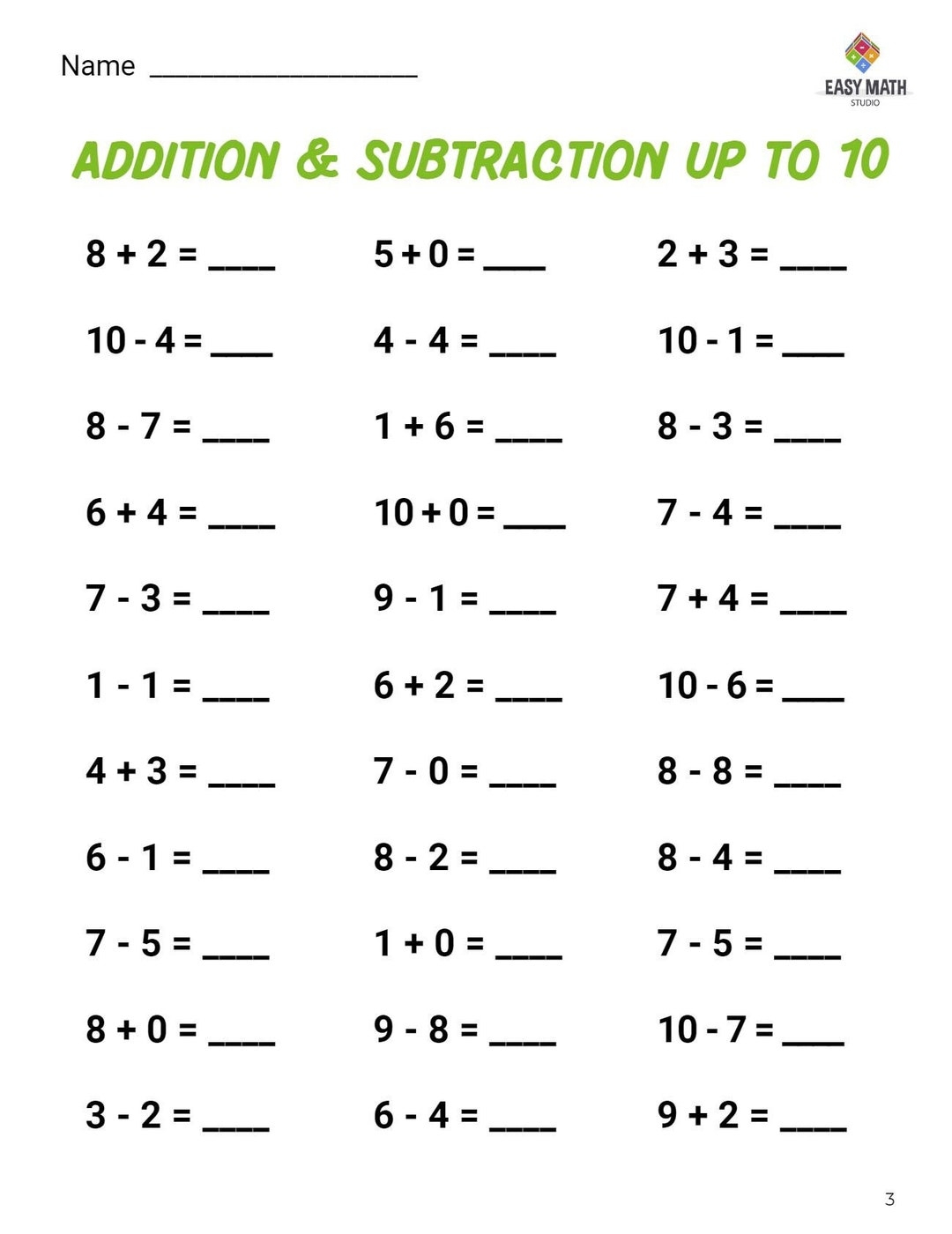 Printable Pre school And Elementary School Math Addition And Subtraction Worksheet Etsy