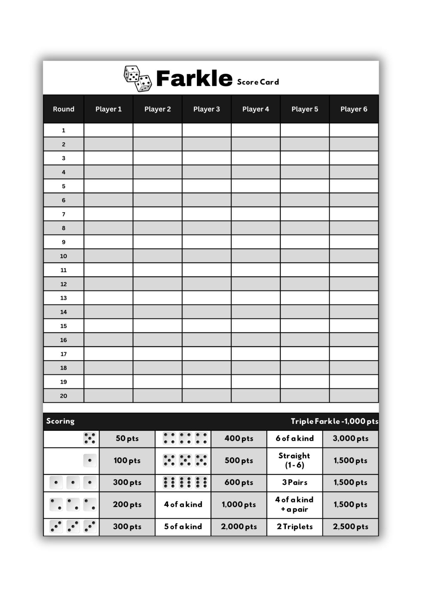 Printable Farkle Score Sheet