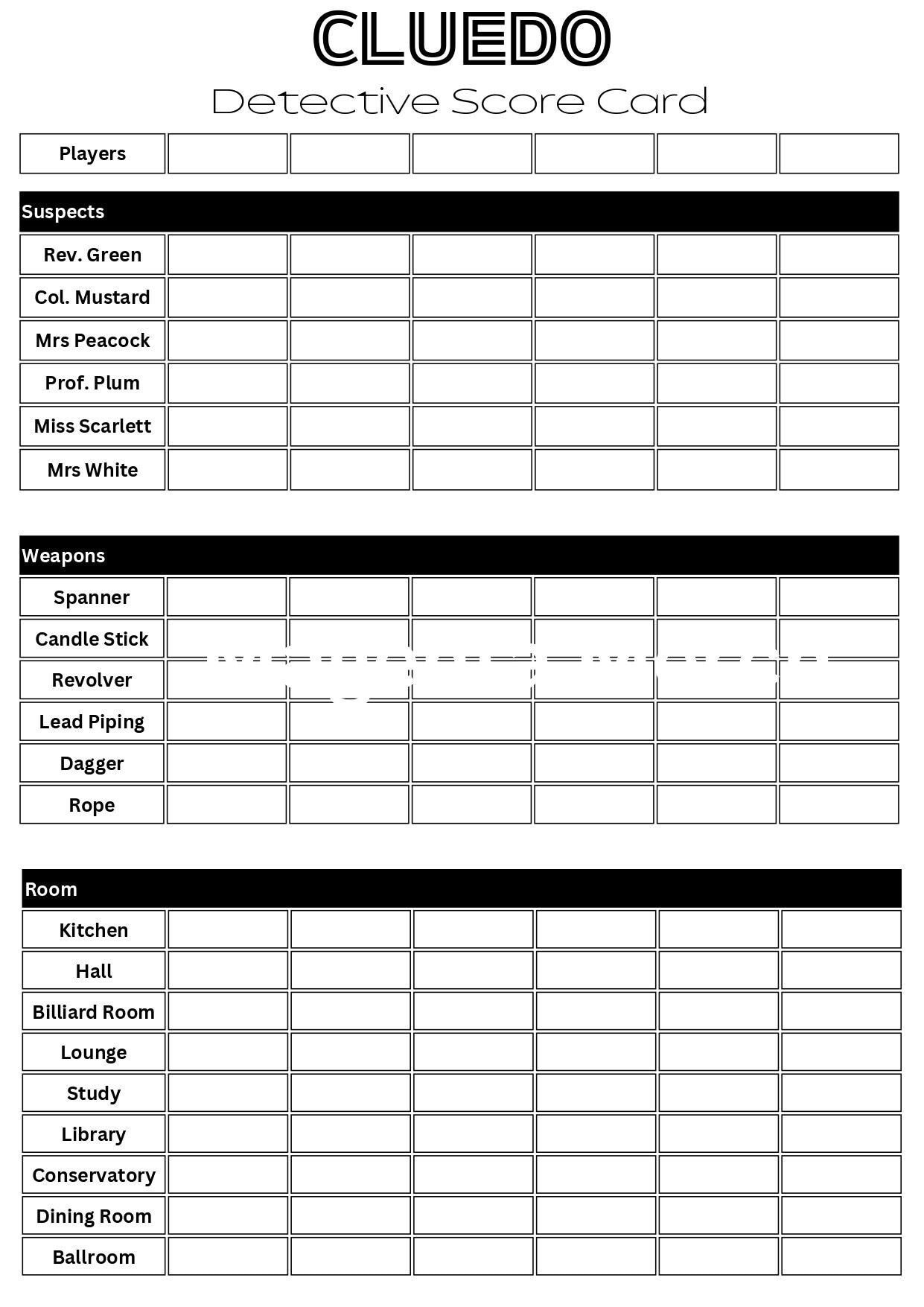 Printable Clue Score Sheet