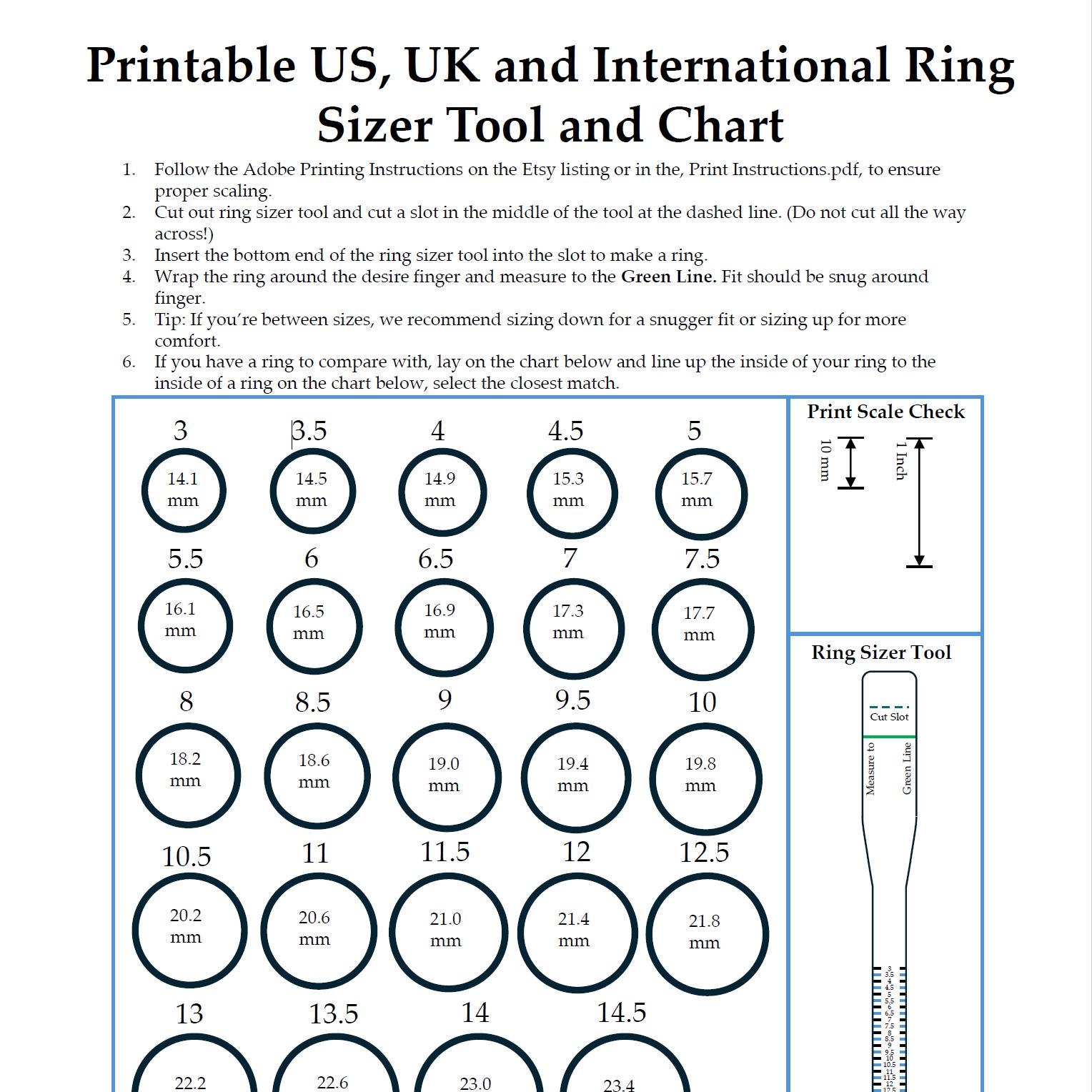 Printable Ring Sizer Tool US UK International Size Chart PDF Download Etsy Israel