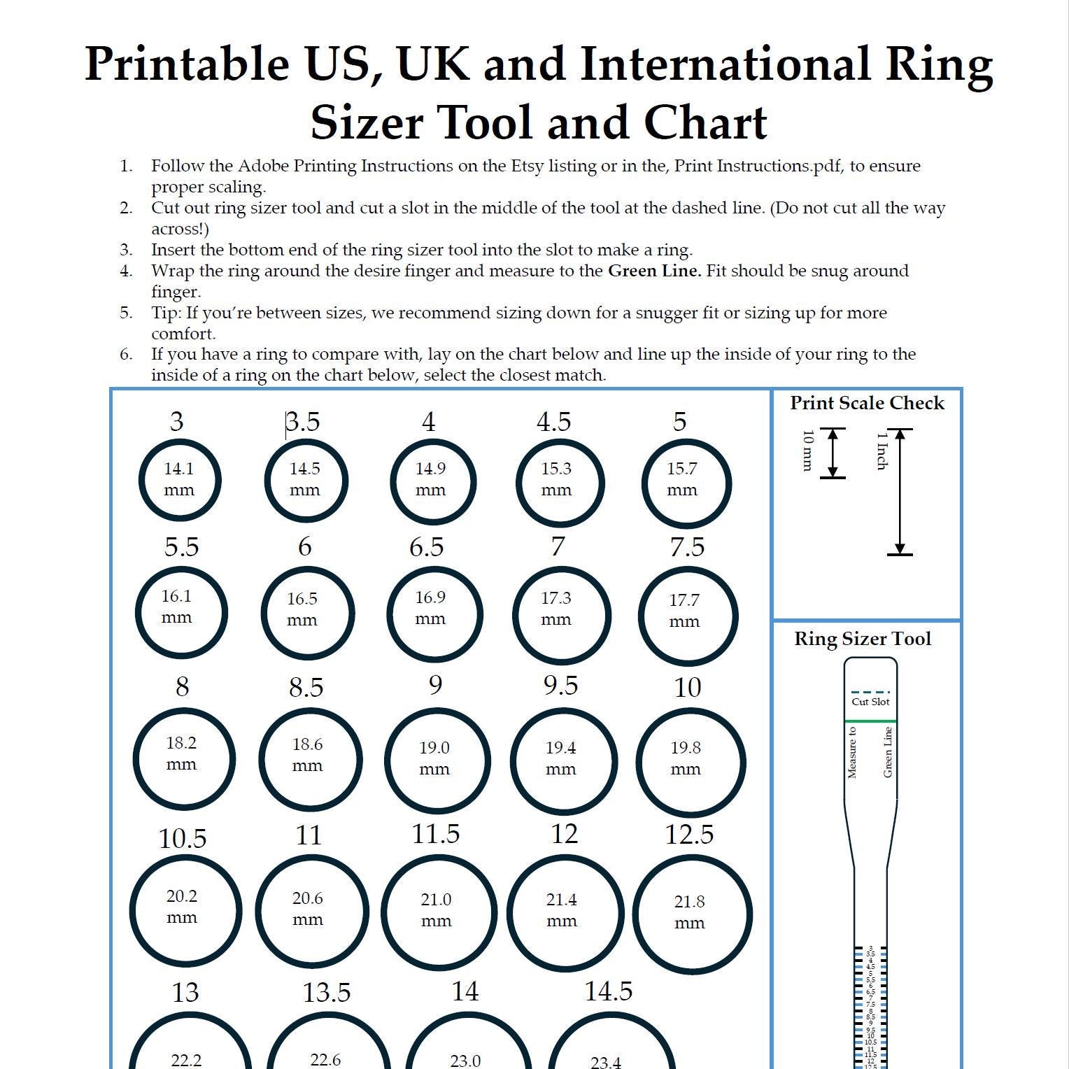 Printable Ring Sizer Tool US UK International Size Chart PDF Download Etsy Norway