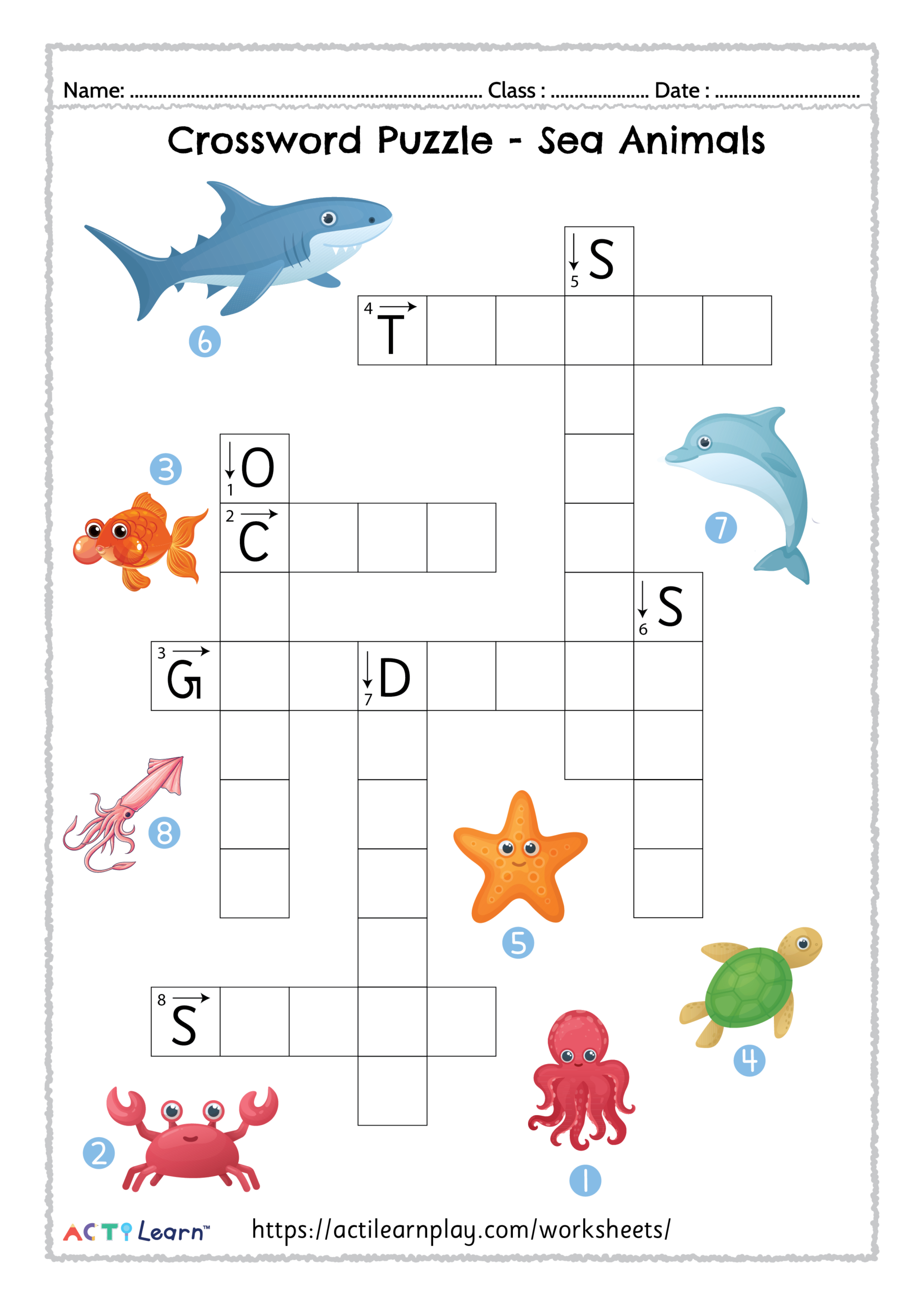 Printable Sea Animals Crossword Puzzle Marine Activity