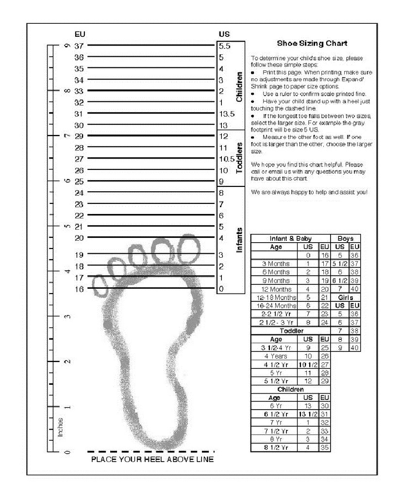 Printable Shoe Size Chart For Adults
