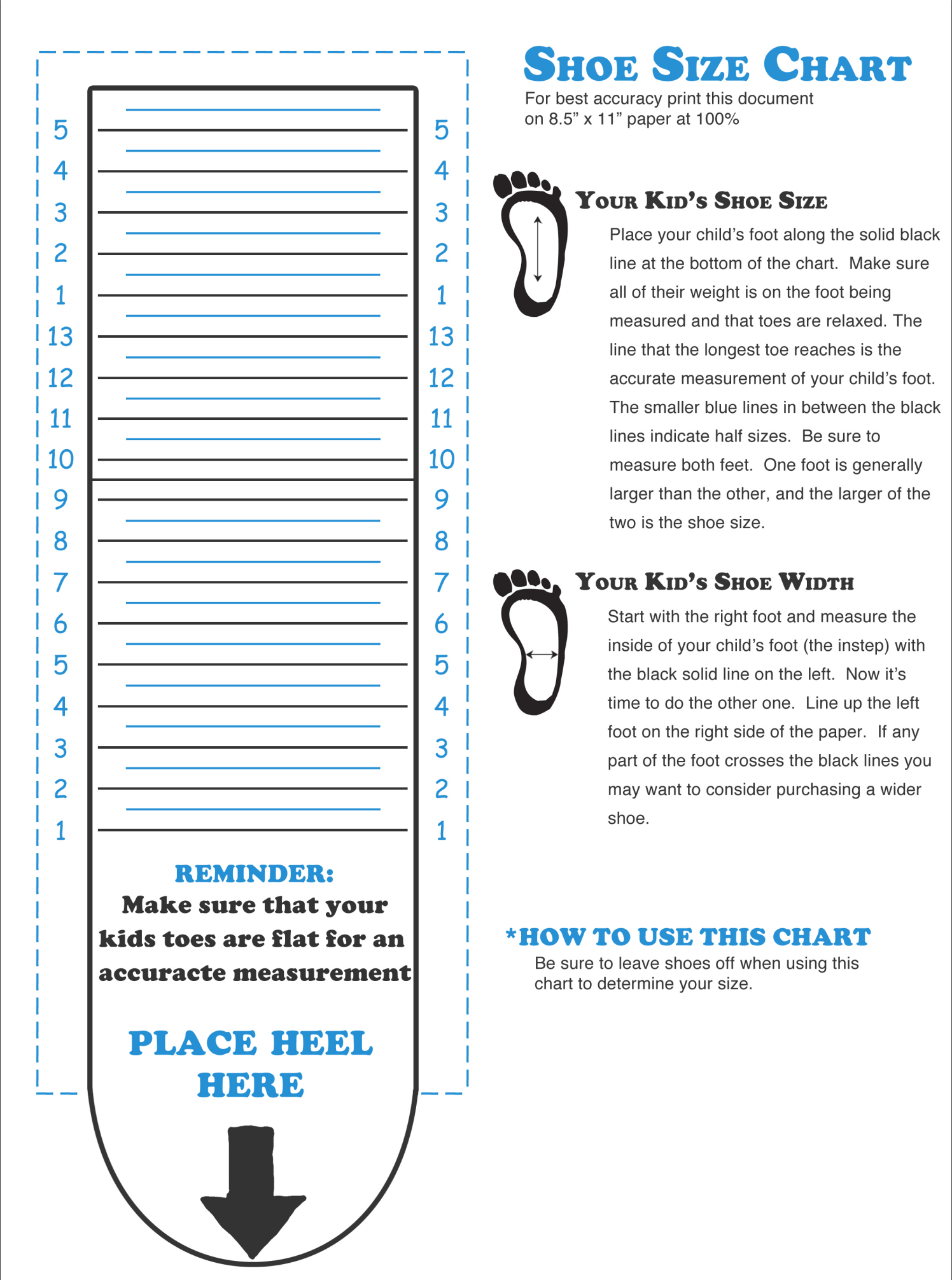 Printable Childrens Shoe Size 4 Chart