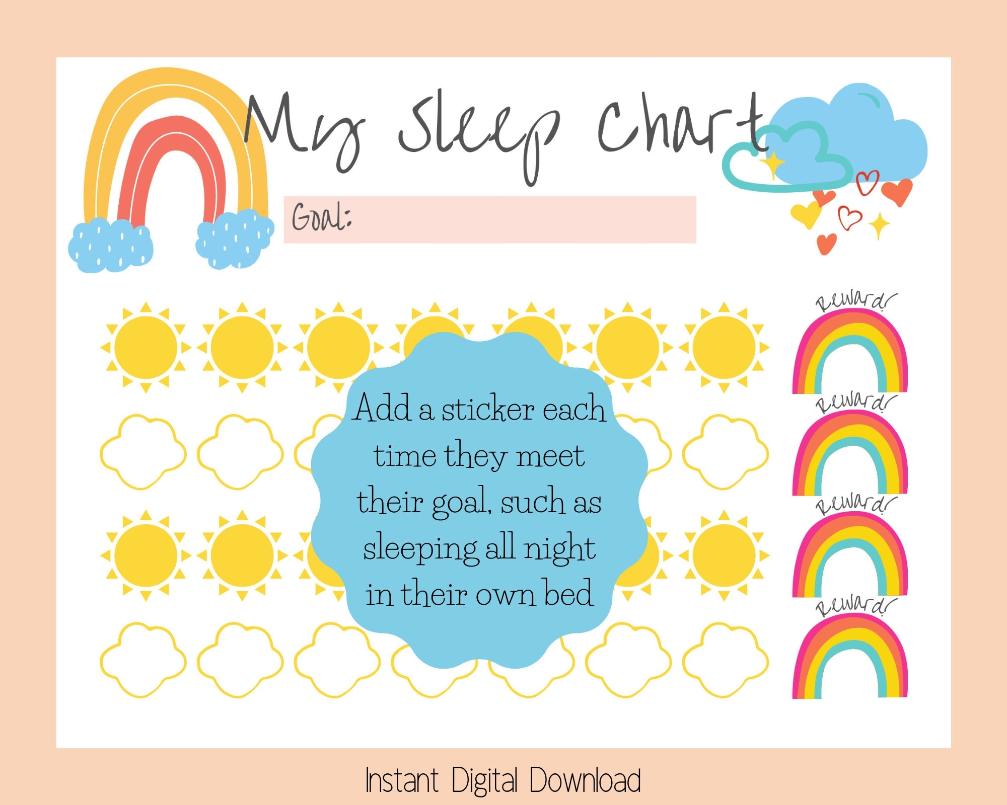 Printable Sleep Sticker Chart Rainbow Reward Chart For Toddlers And Preschoolers To Sleep In Their Own Bed Nap Chart Bedtime Chart Etsy