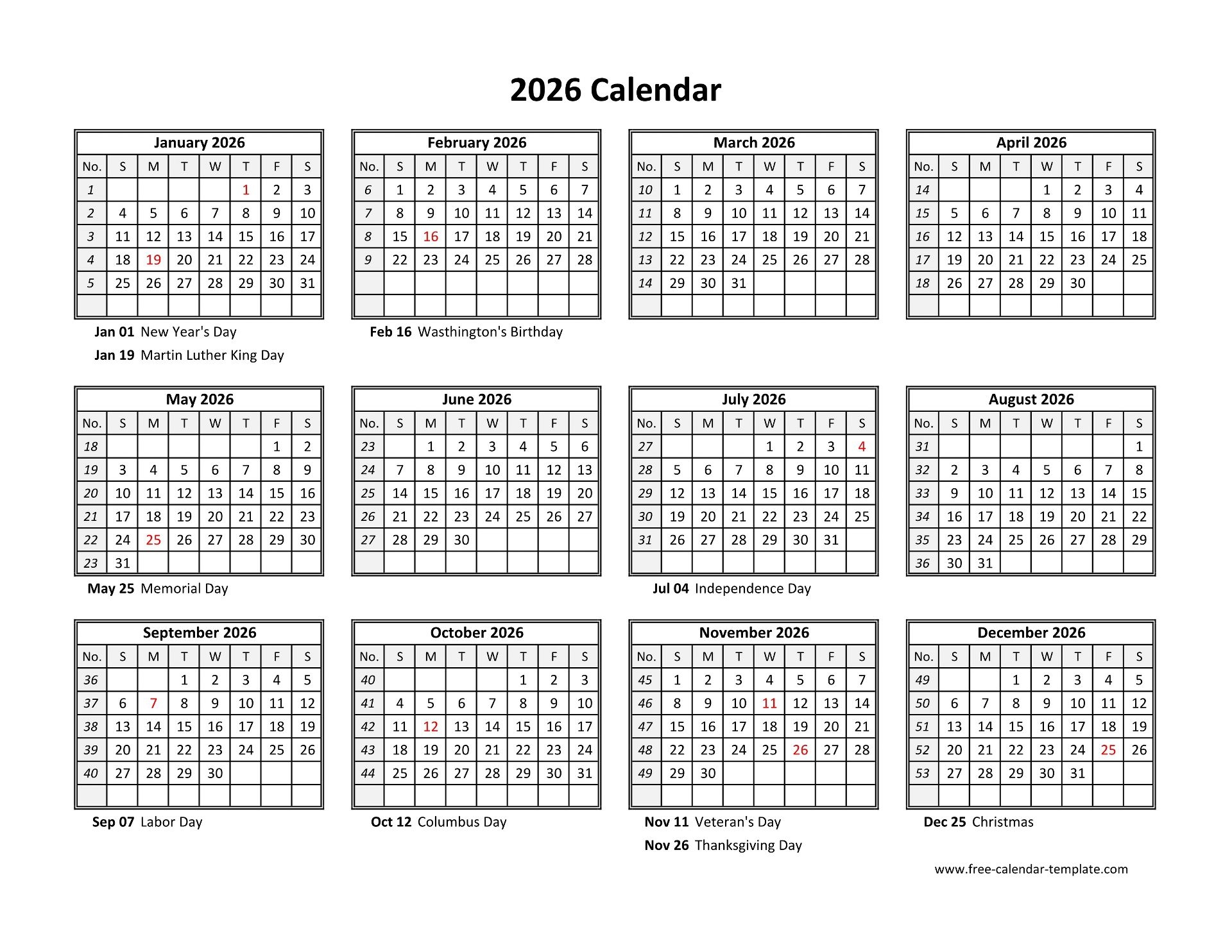 Printable Yearly Calendar 2026 Free calendar template