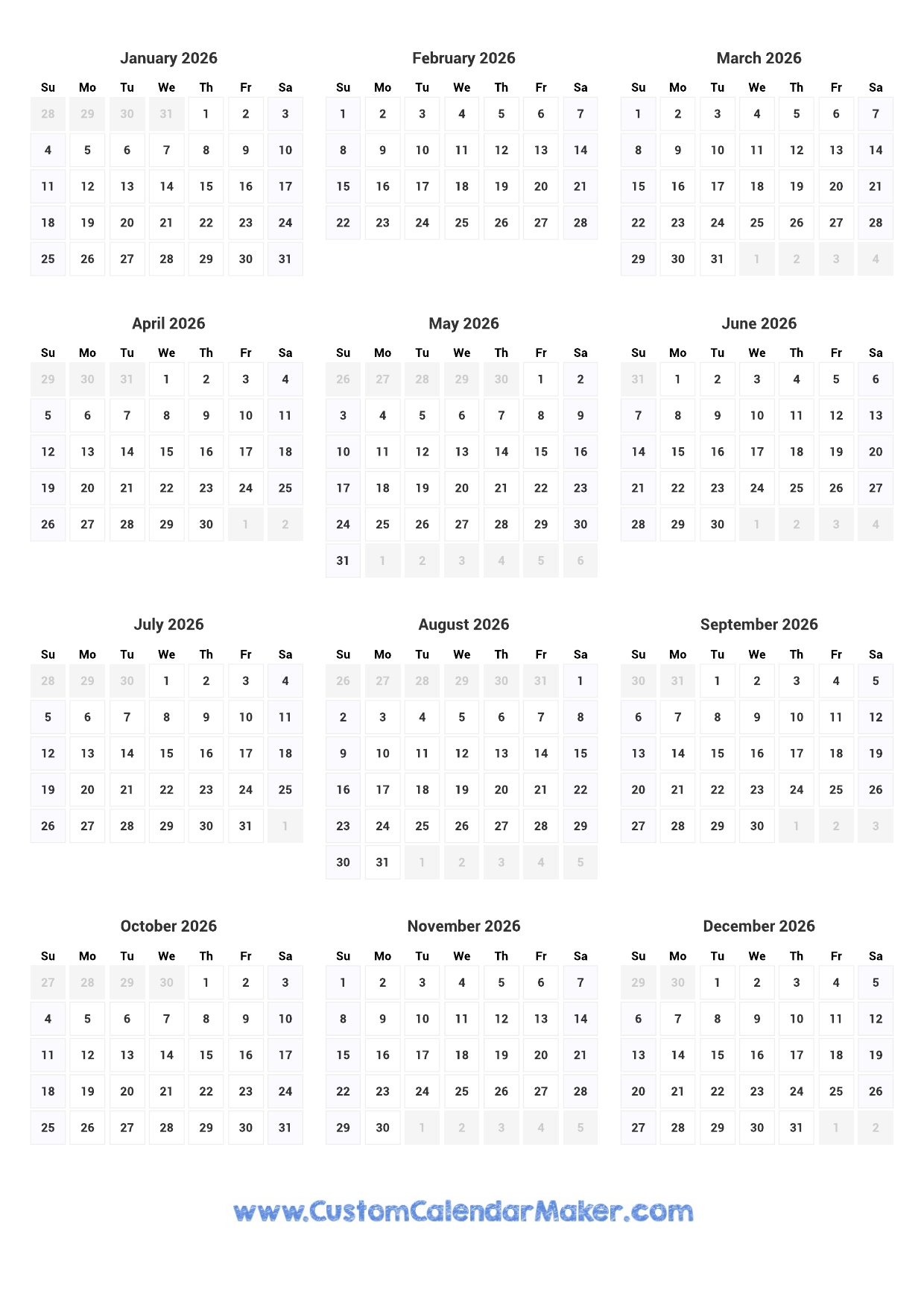 Printable Yearly Calendar 2026 Full Year At A Glance Custom Calendar Maker