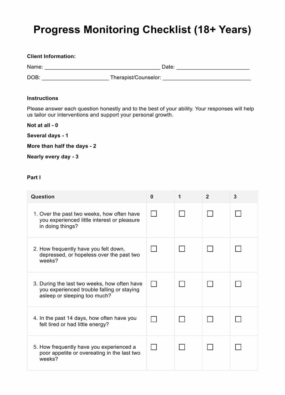 Progress Monitoring Checklist 18 Years 