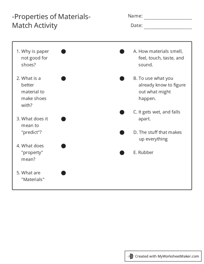 Properties Of Materials Match Activity My Worksheet Maker Create Your Own Worksheets