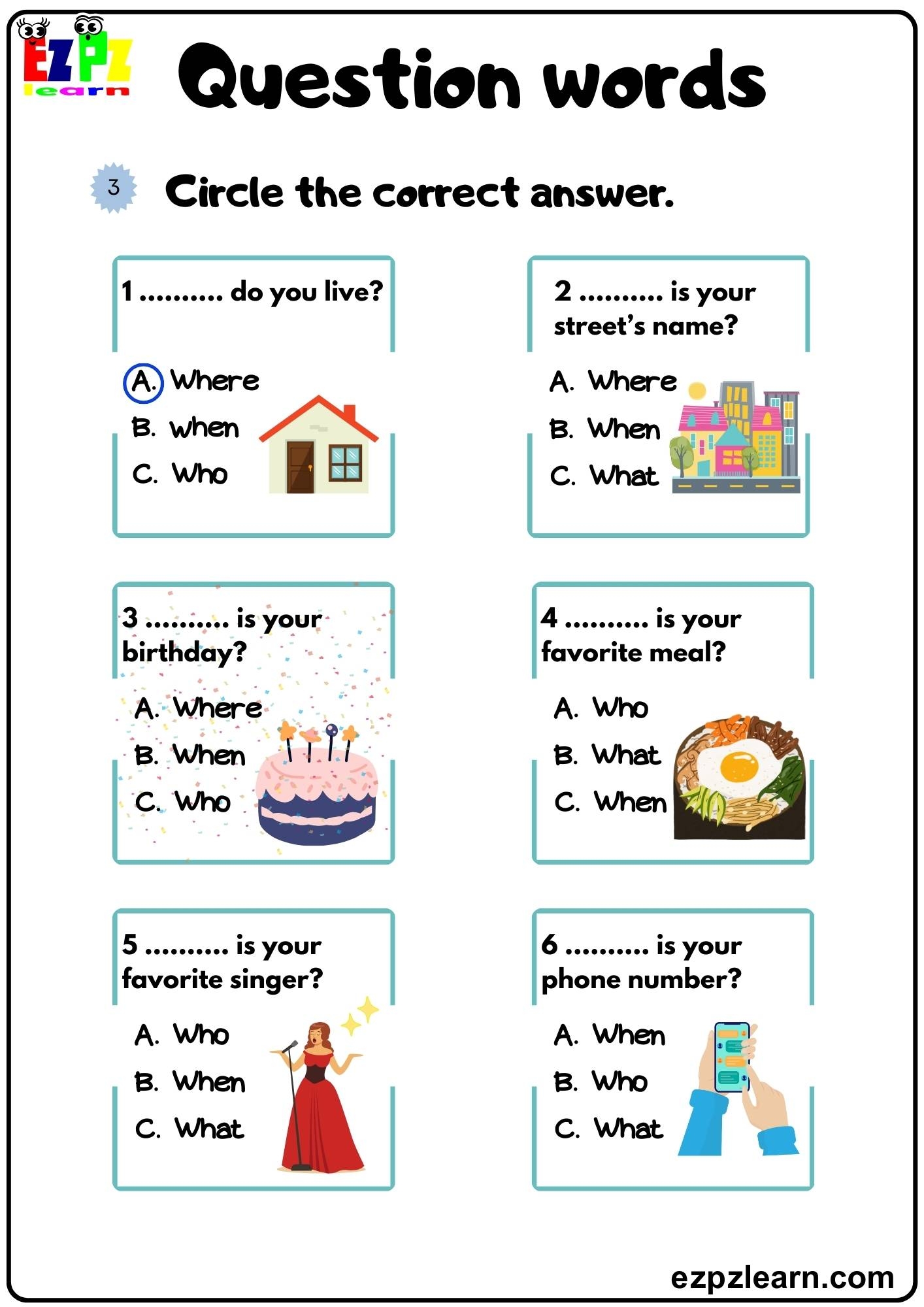 Question Words Look At The Images Then Circle And Write Correct Words Grammar Exercise Bk1 Free Pdf Ezpzlearn