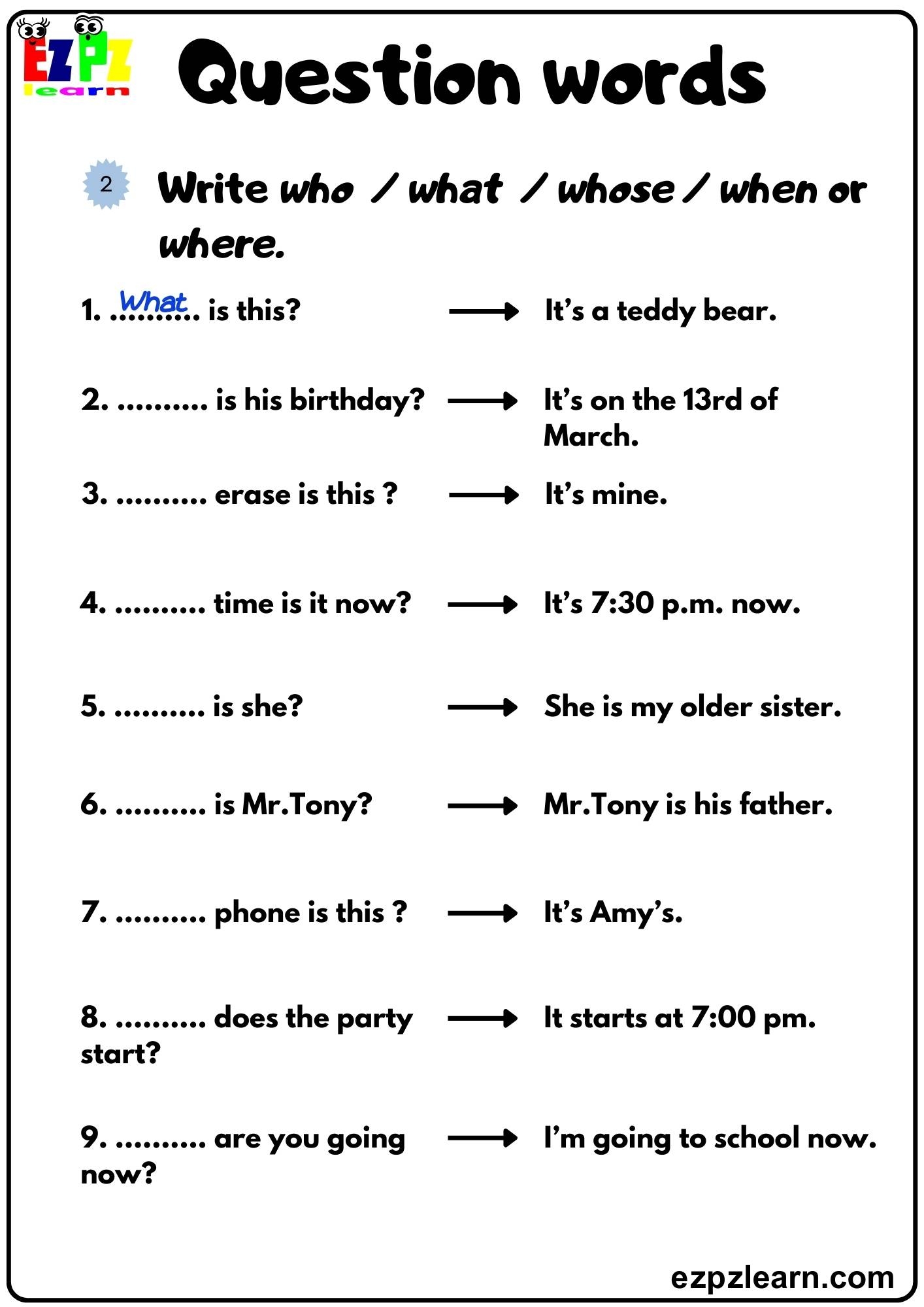 Question Words Write The Correct Question Word Grammar Exercise Bk1 Free Printable Pdf Ezpzlearn