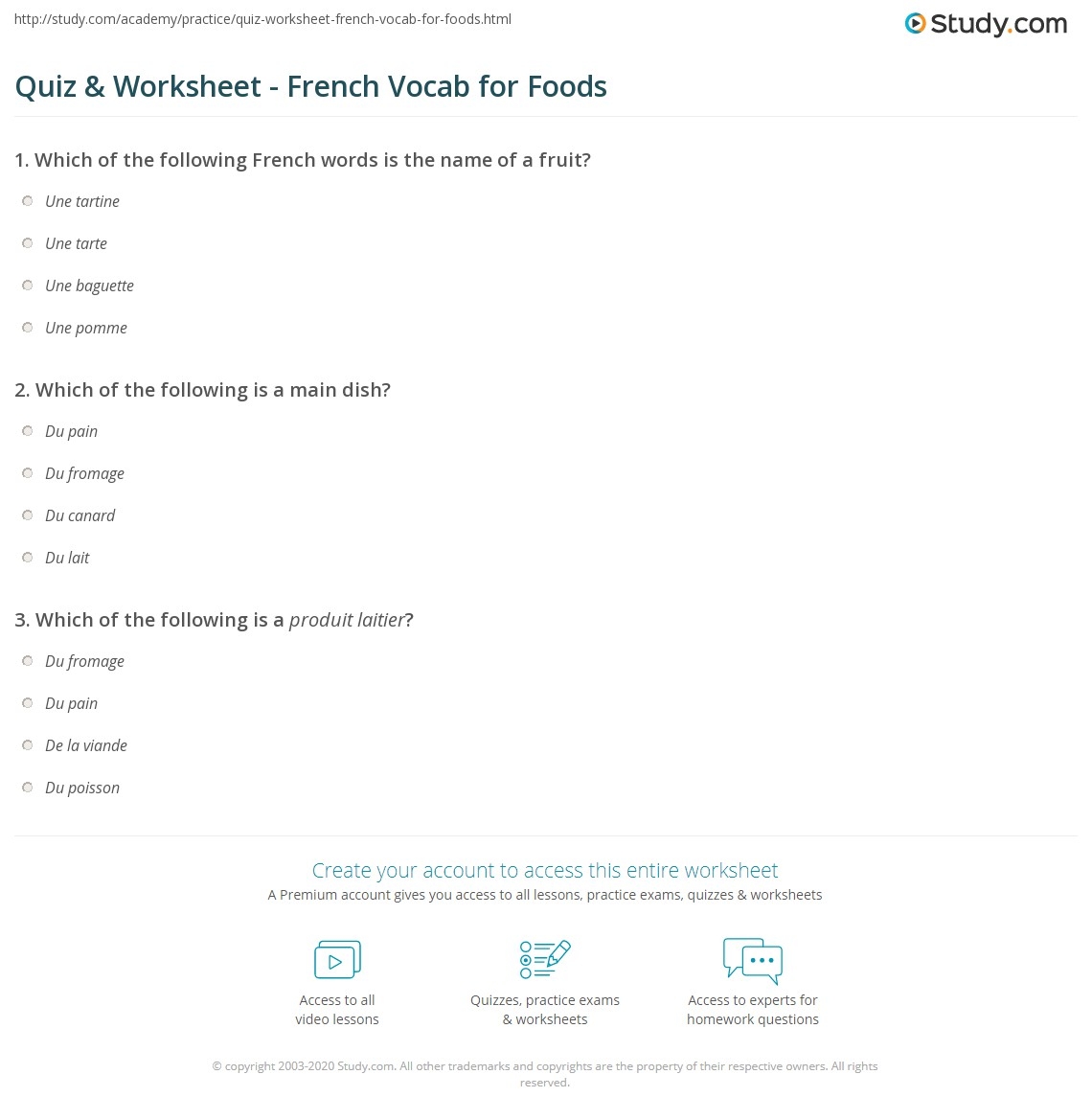 Quiz Worksheet French Vocab For Foods Study
