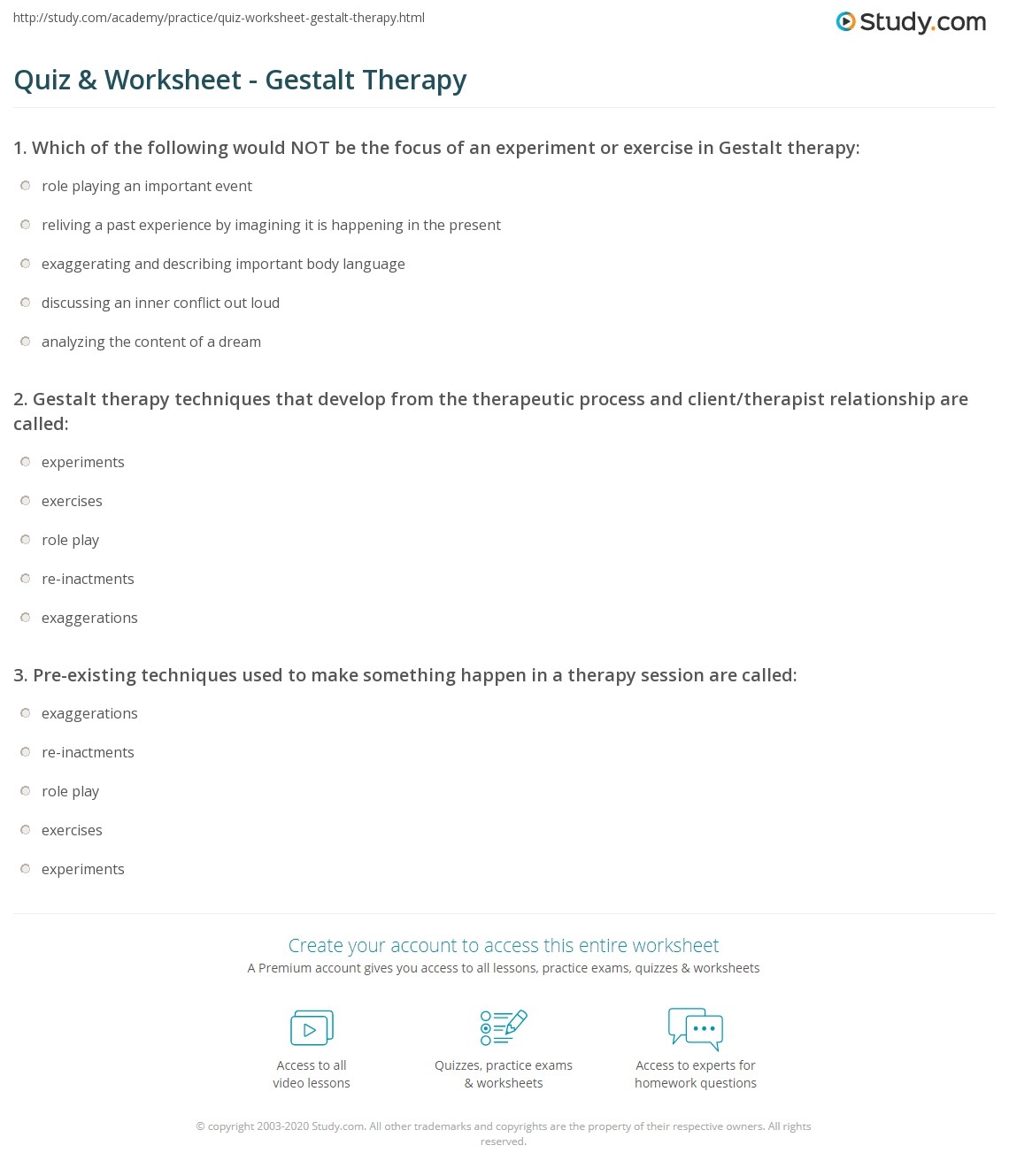 Quiz Worksheet Gestalt Therapy Study