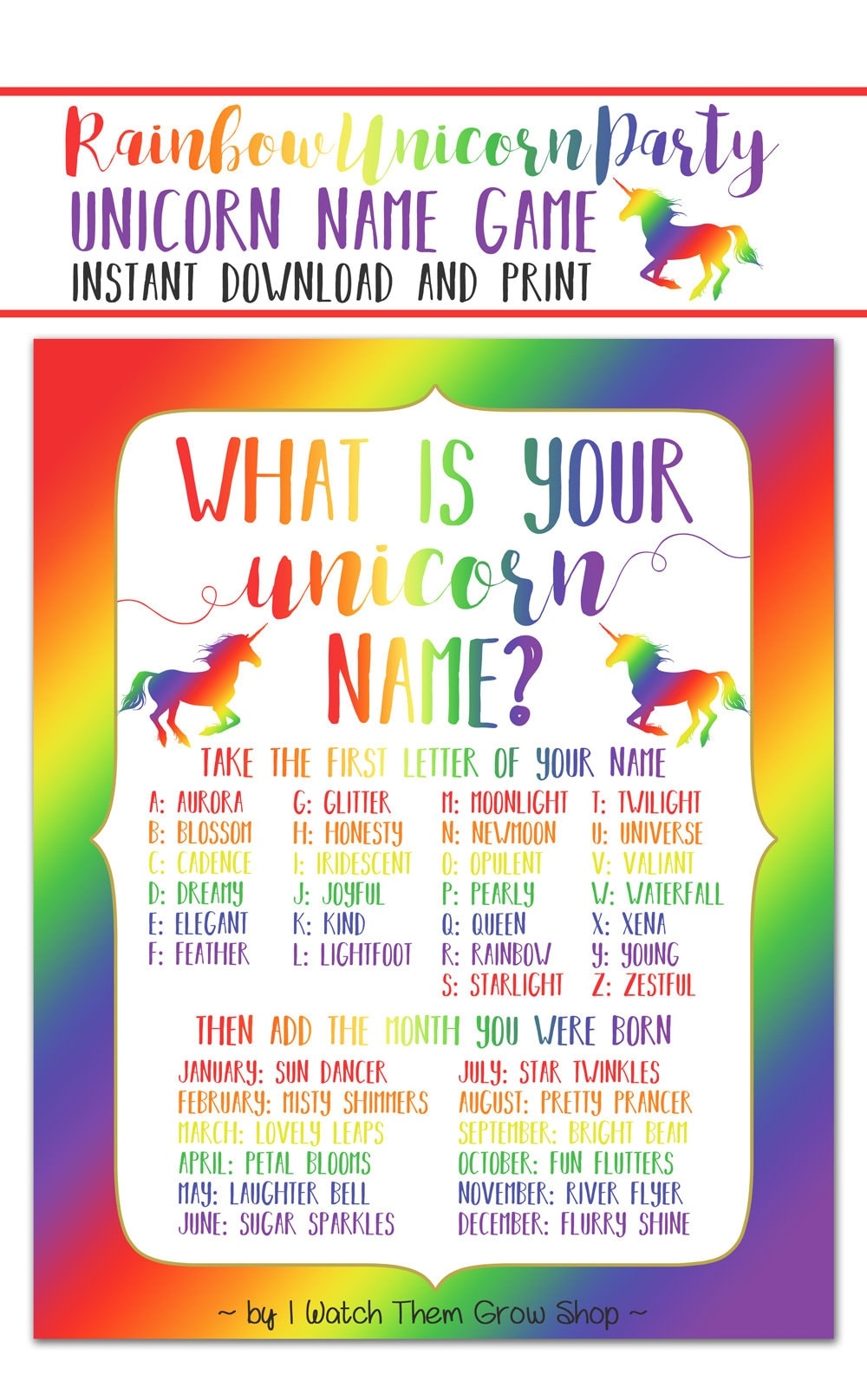 Rainbow Unicorn Name Game Printable what s Your Unicorn Name Game Rainbow Unicorn Party Sign Rainbow Baby Shower PDF INSTANT DOWNLOAD Etsy