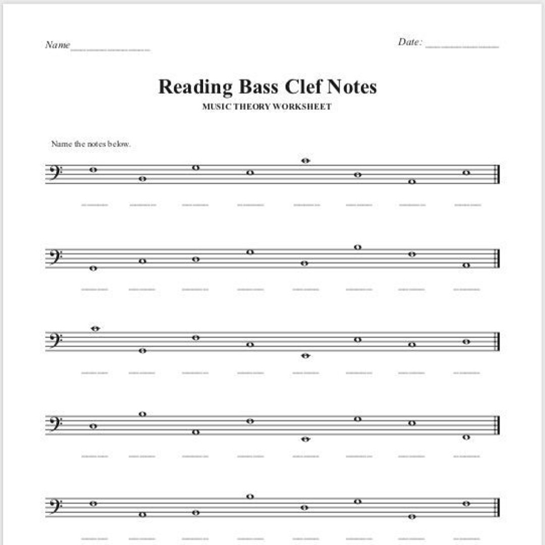 Reading Bass Clef Notes Printable Music Theory Worksheet Etsy